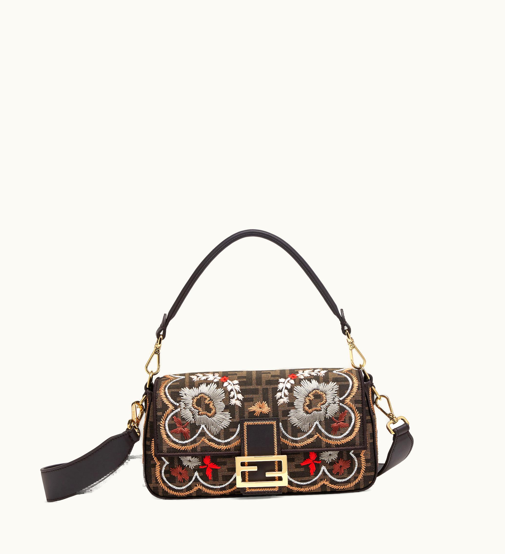 Fendi Fendi Baguette - Brown FF Jacquard Fabric Bag With Floral Embroidery