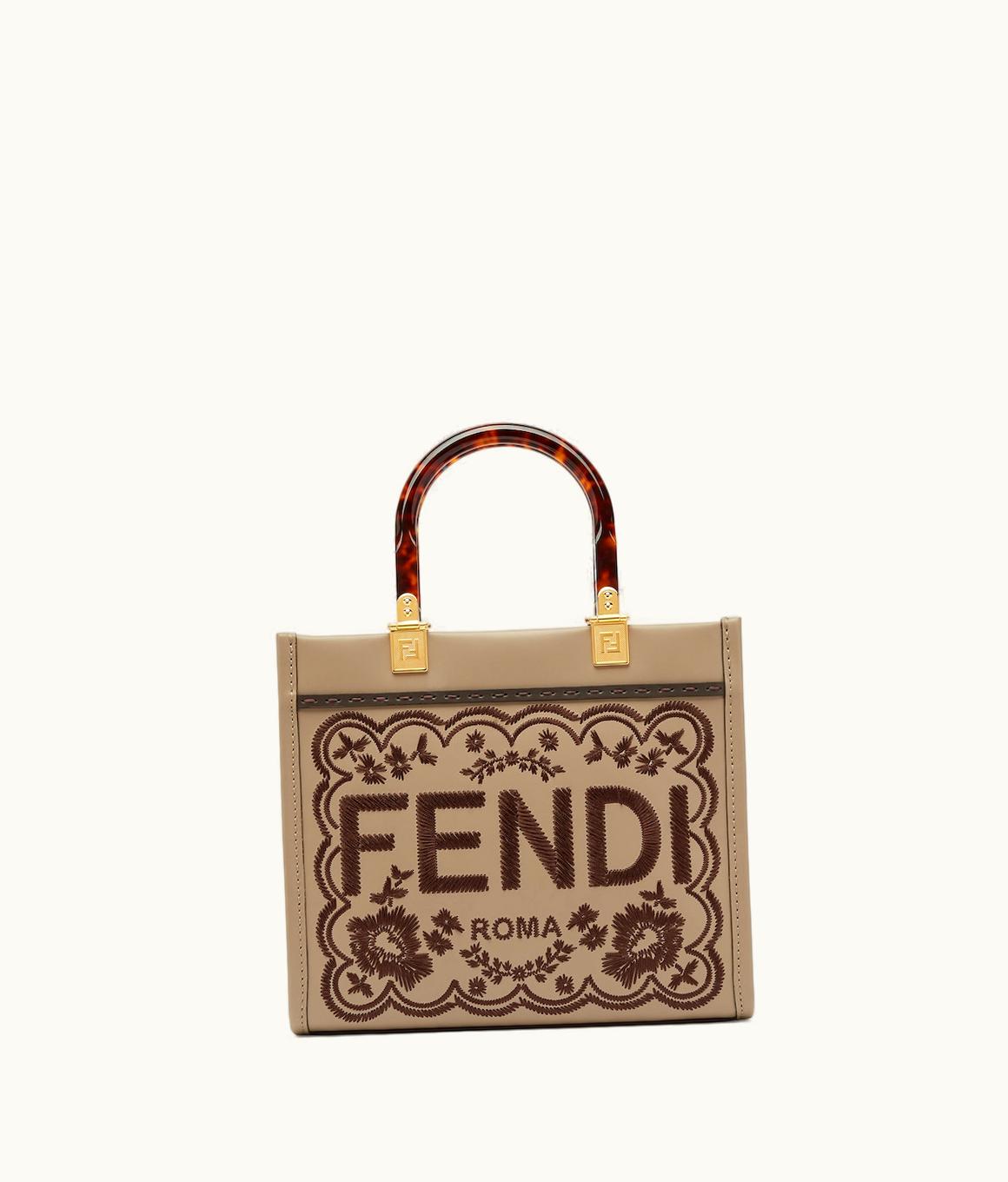 Fendi Fendi Sunshine Small - Dove Gray Leather Shopper Bag With Floral Embroidery