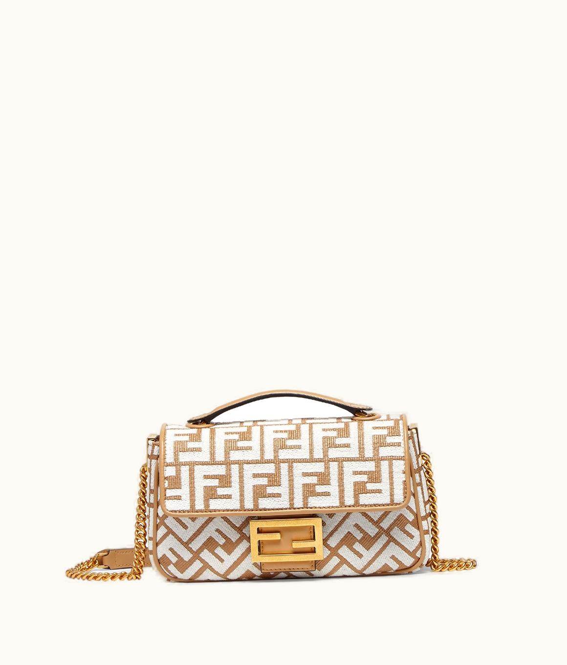 Fendi Fendi Baguette Chain Midi - Raffia Bag With White Tapestry Fabric FF Motif