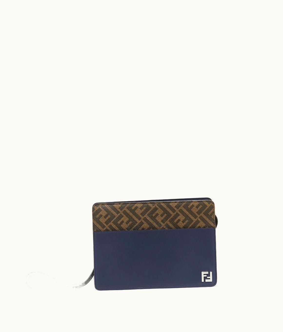 Fendi Fendi Squared FF Standing Clutch - Dark Blue Leather And Brown FF Canvas Pouch