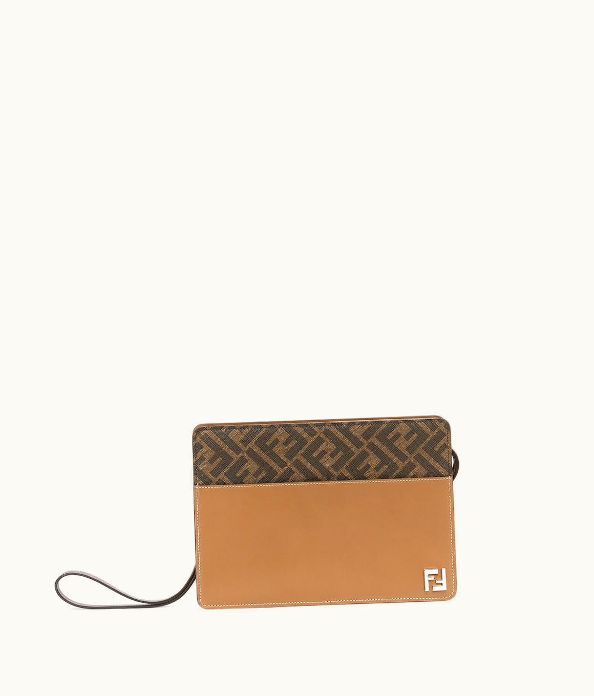 Fendi Fendi Squared FF Standing Clutch - Beige Leather And Brown FF Canvas Pouch