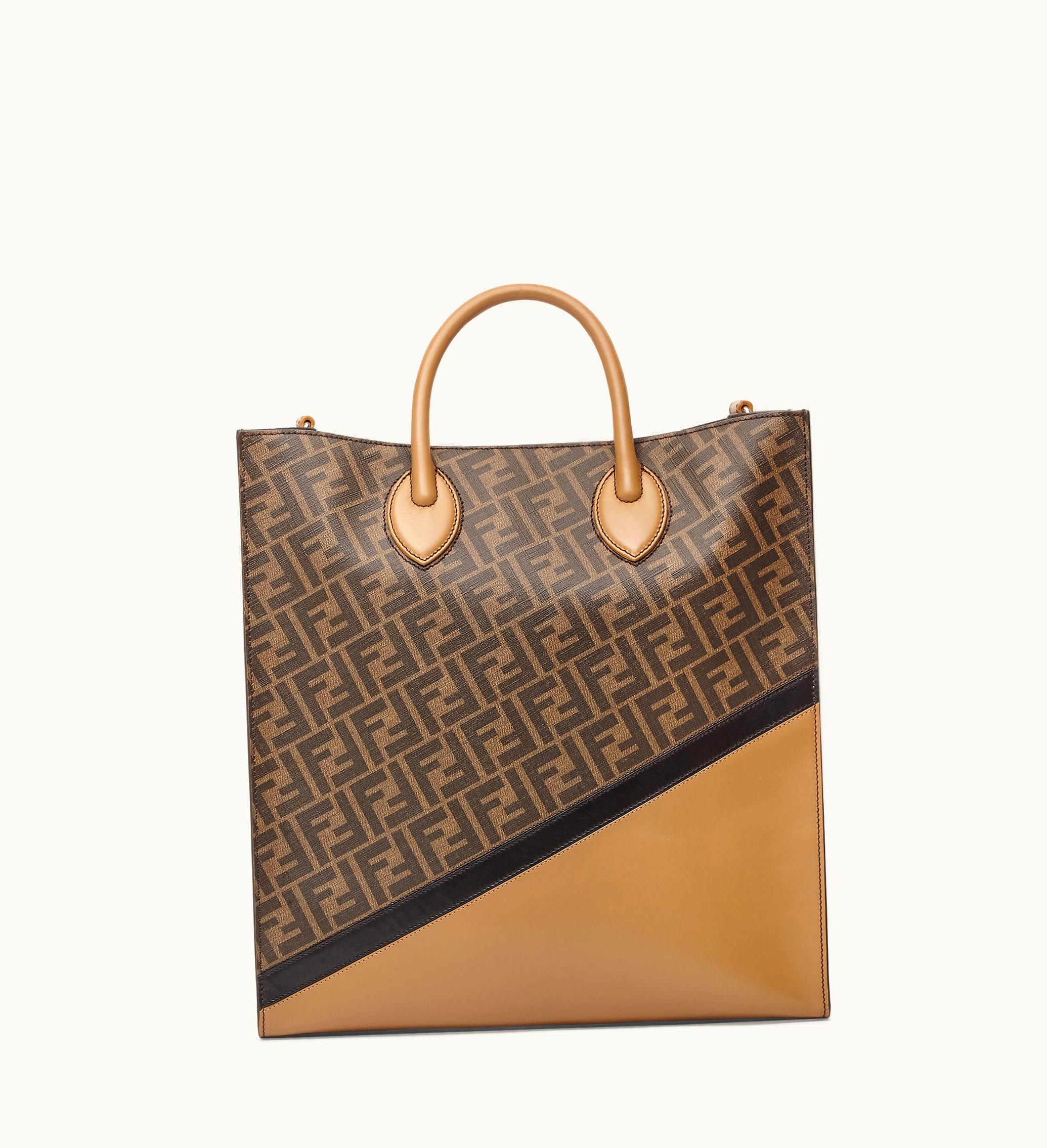 Fendi Fendi Diagonal Vertical Tote - Brown Leather And FF Fabric Bag
