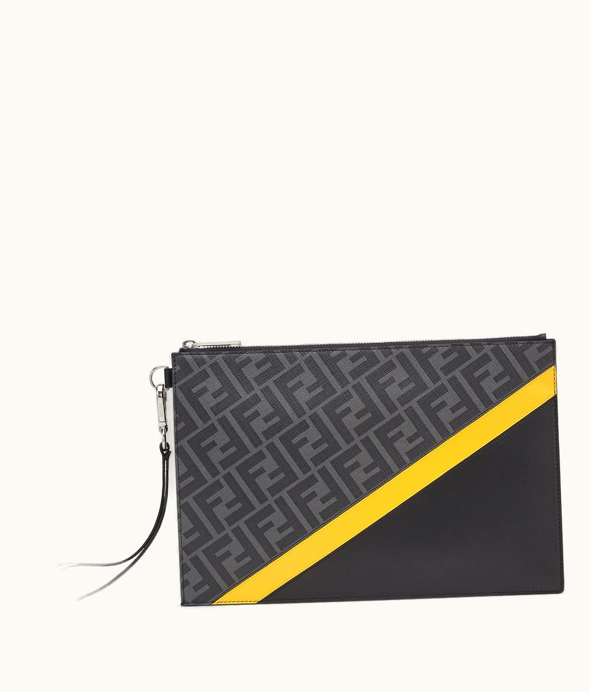 Fendi Fendi Diagonal Flat Pouch - Black And Gray FF Jacquard Fabric Bag