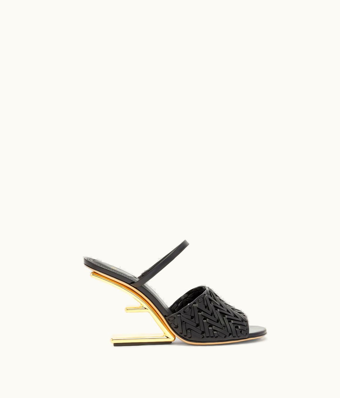 Fendi Fendi First Deluxe Gold-F Sculpted Heel Leather Sandals Black