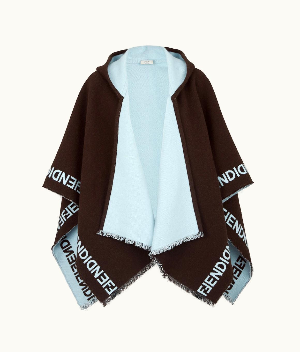Fendi Fendi Mirror Logo Wool Poncho Dark Brown and Light Blue
