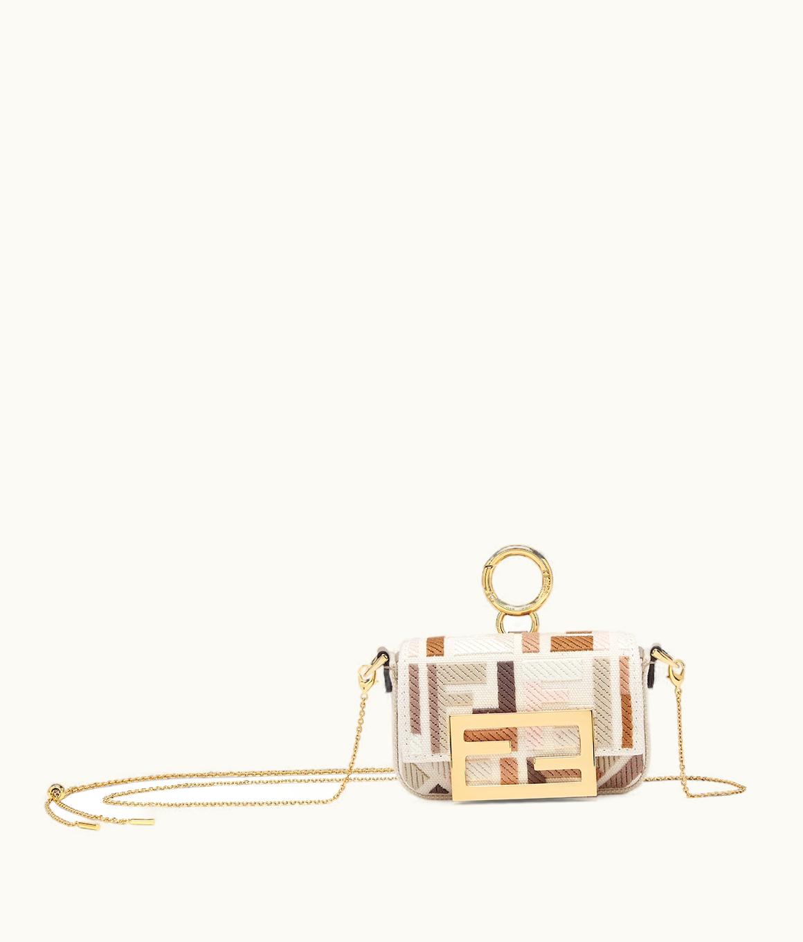 Fendi Fendi Nano Baguette Charm Bag - Beige Canvas with Multicolor FF Embroidery