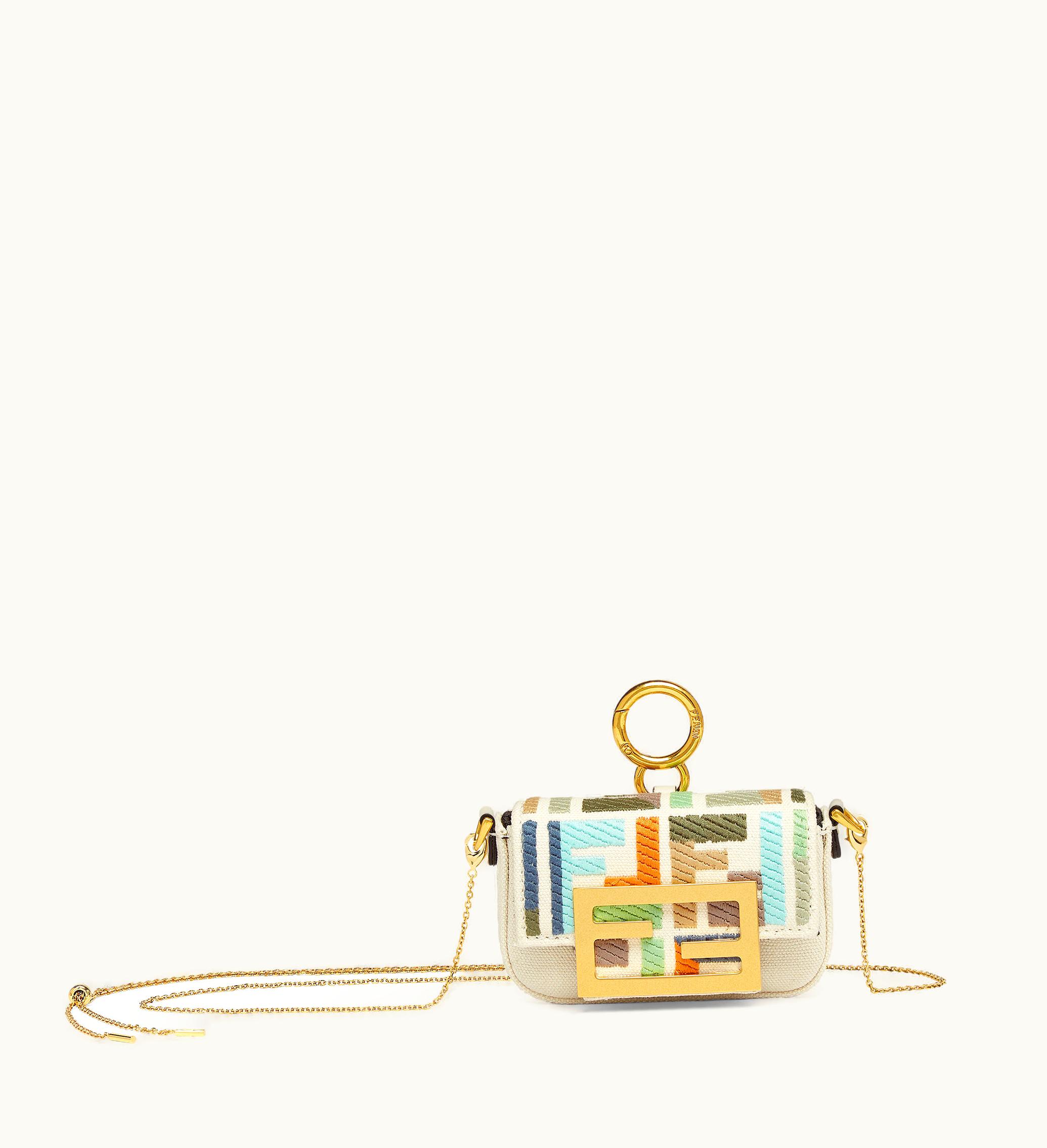Fendi Fendi Nano Baguette Charm Bag - Beige Canvas Multicolor Embroidery