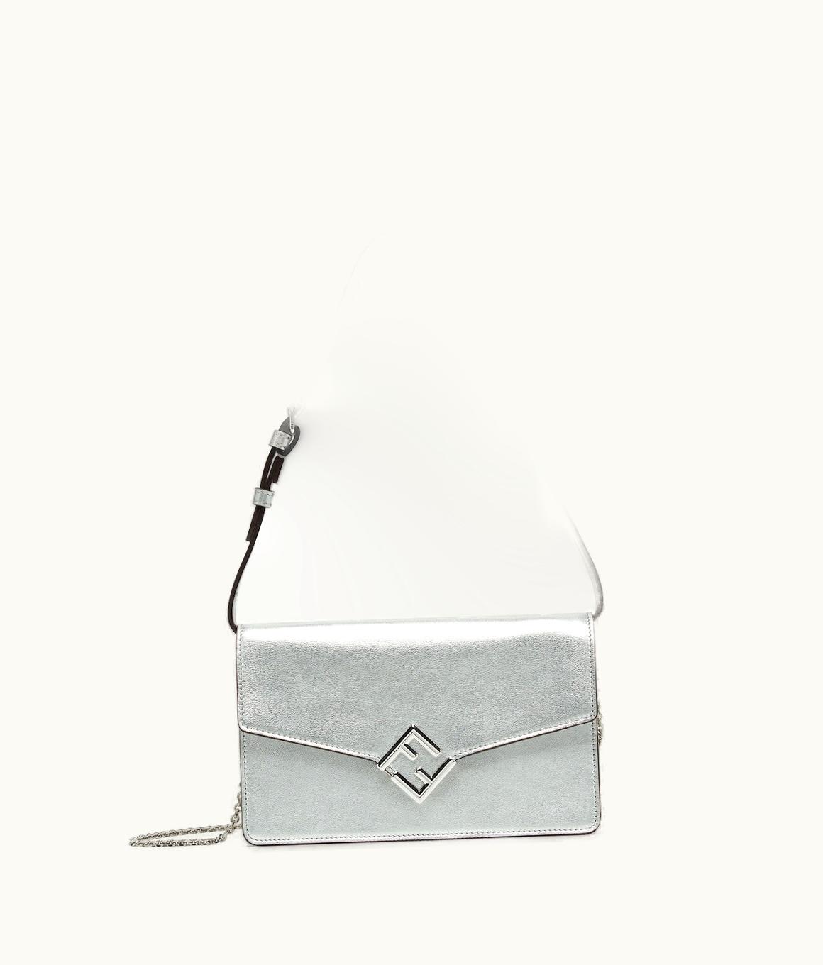 Fendi Fendi FF Diamonds Wallet On Chain - Silver Laminated Leather Wallet