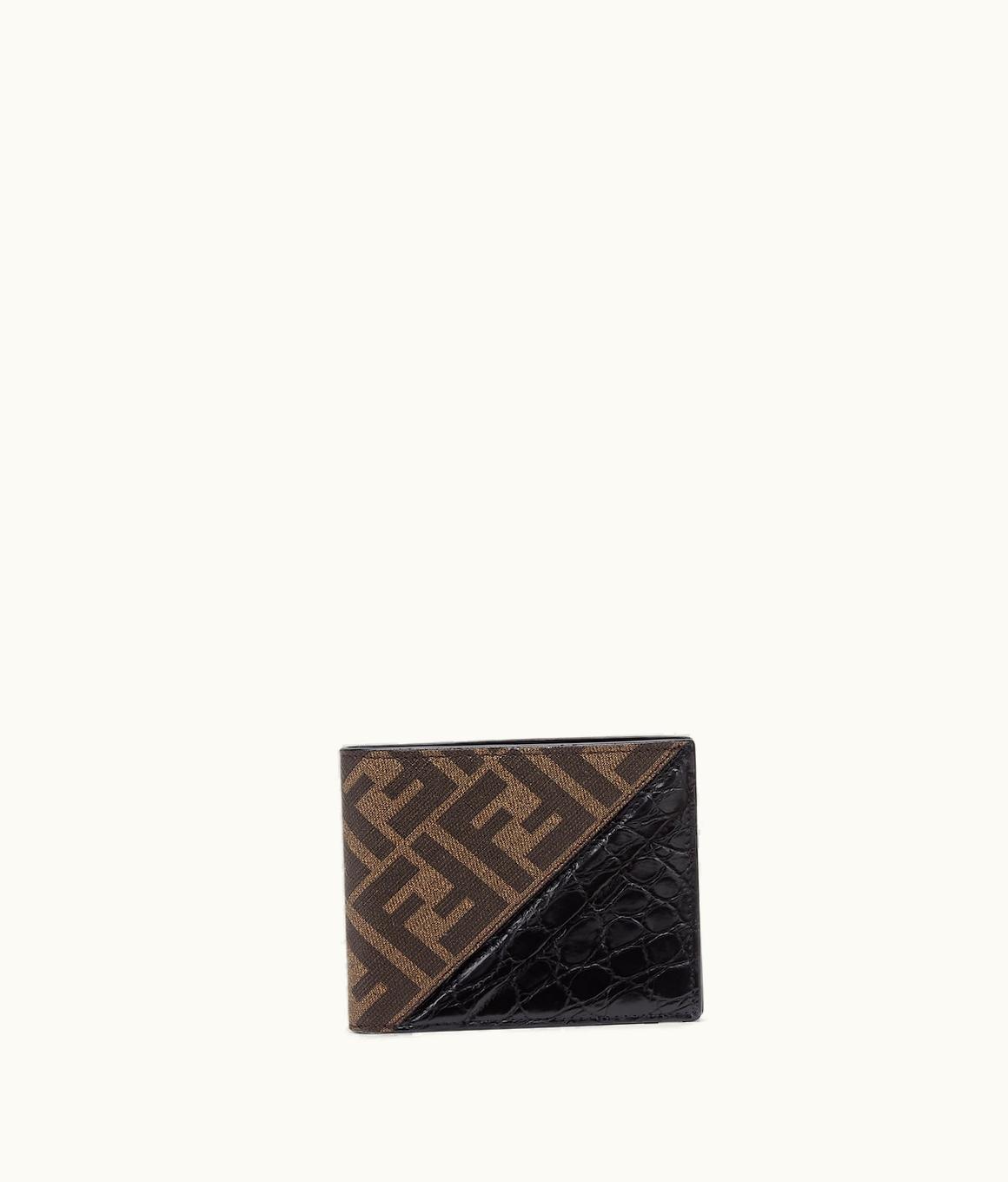 Fendi Fendi Diagonal Wallet - Black Caiman Leather And Brown Fabric Bi-Fold Wallet