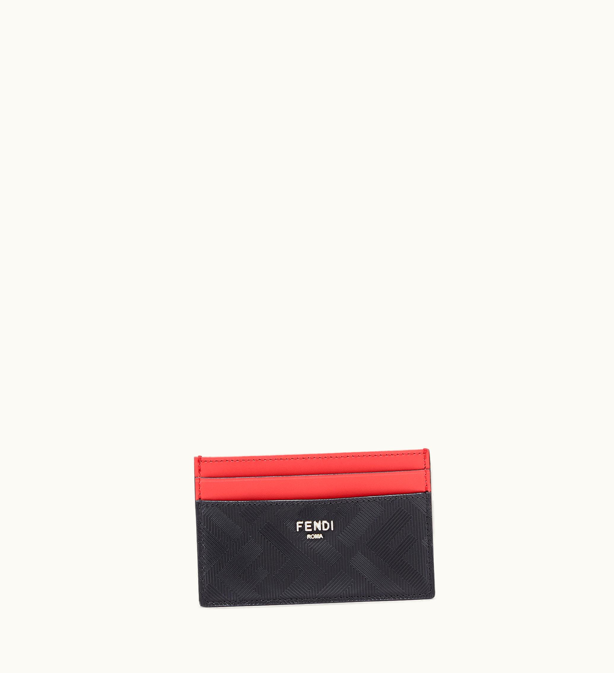 Fendi Fendi Shadow FF Black Leather Card Holder with Red Accents