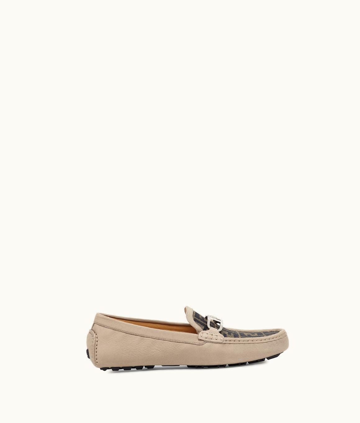 Fendi Fendi O'Lock Driving Loafers - Beige Nubuck Leather and FF Fabric Loafers