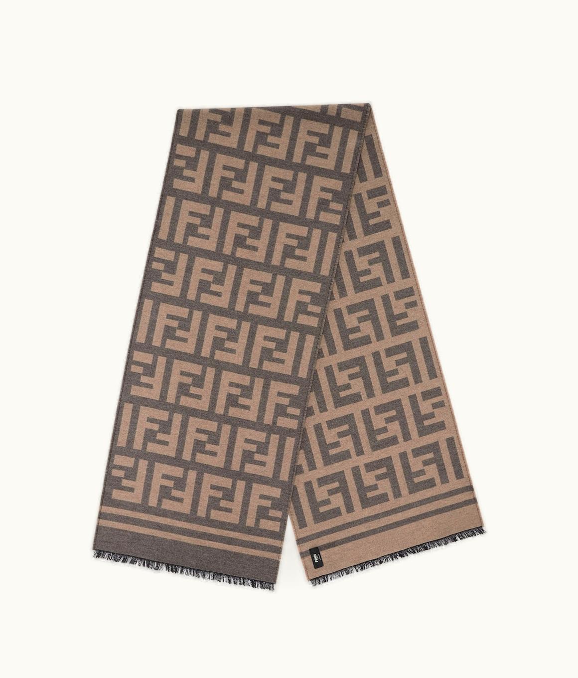 Fendi Fendi Macro FF Wool Silk Scarf - Gray and Beige