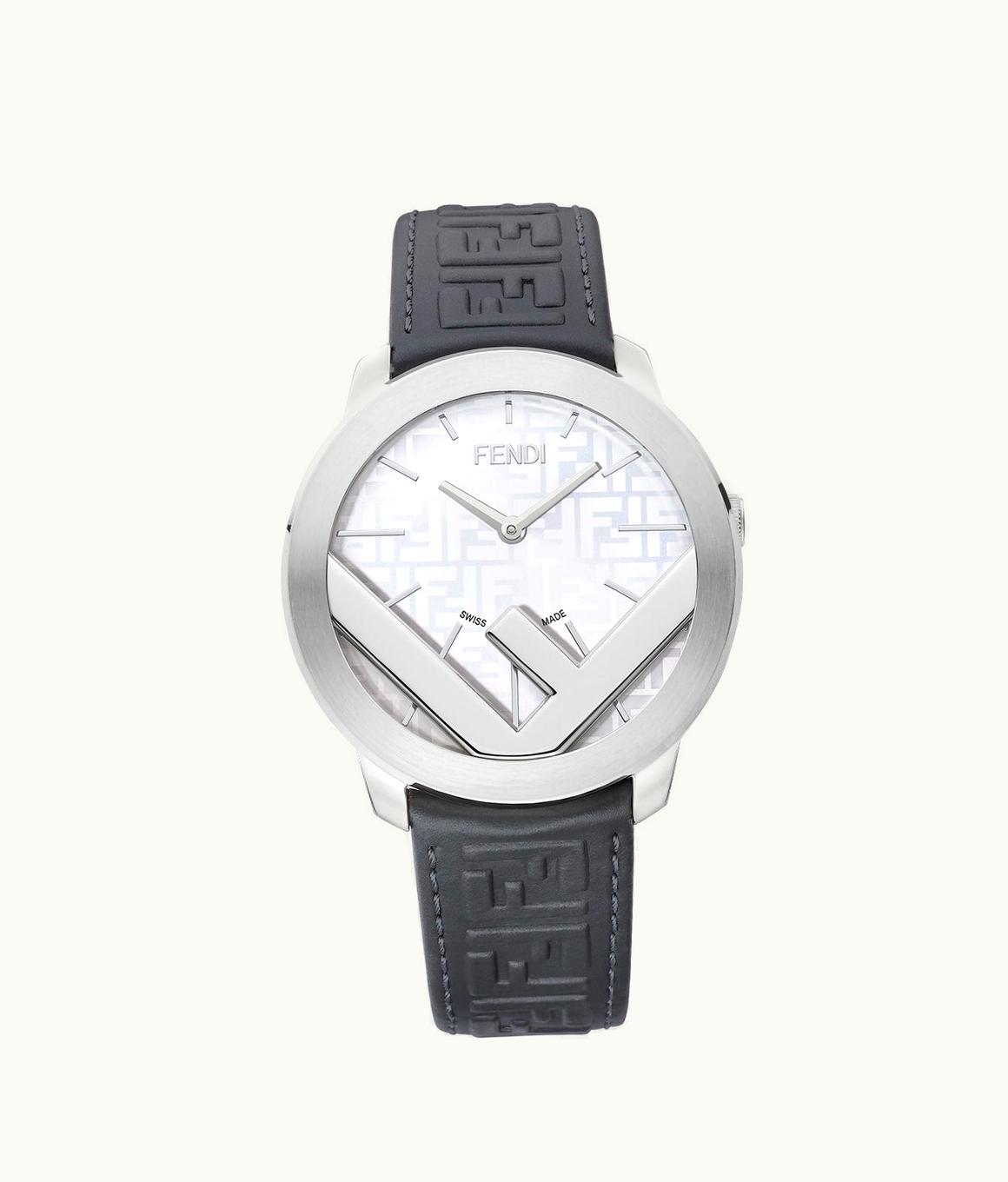 Fendi Fendi 41 MM Stainless Steel Round Watch With F Insert White-Silver Dial Grey Leather Strap