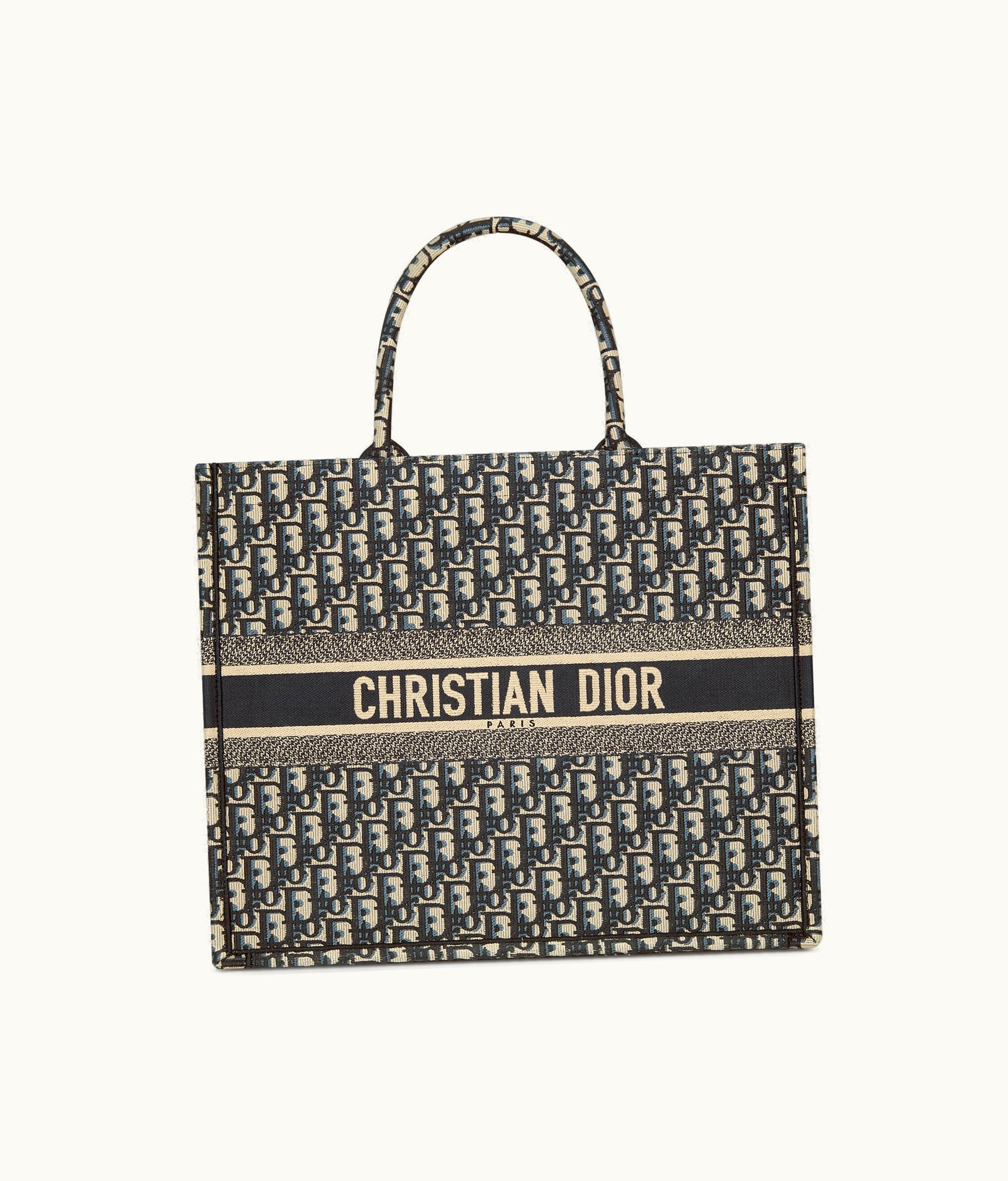 Dior Large Dior Book Tote - Ecru And Blue Dior Oblique Embroidery (42 X 35 X 18.5 CM)