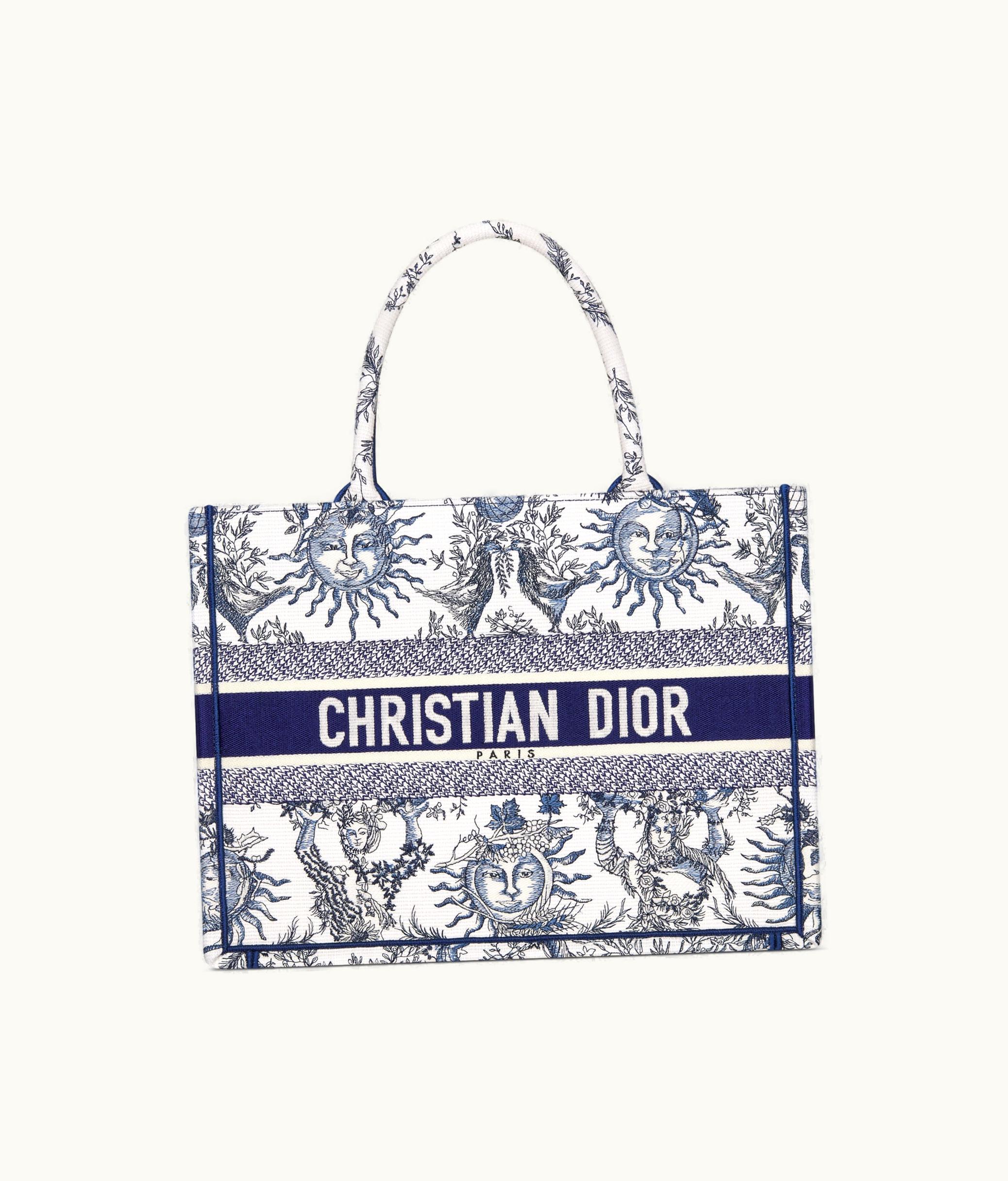 Dior Medium Dior Book Tote - White And Navy Blue Toile De Jouy Soleil Embroidery (36 X 27.5 X 16.5 CM)