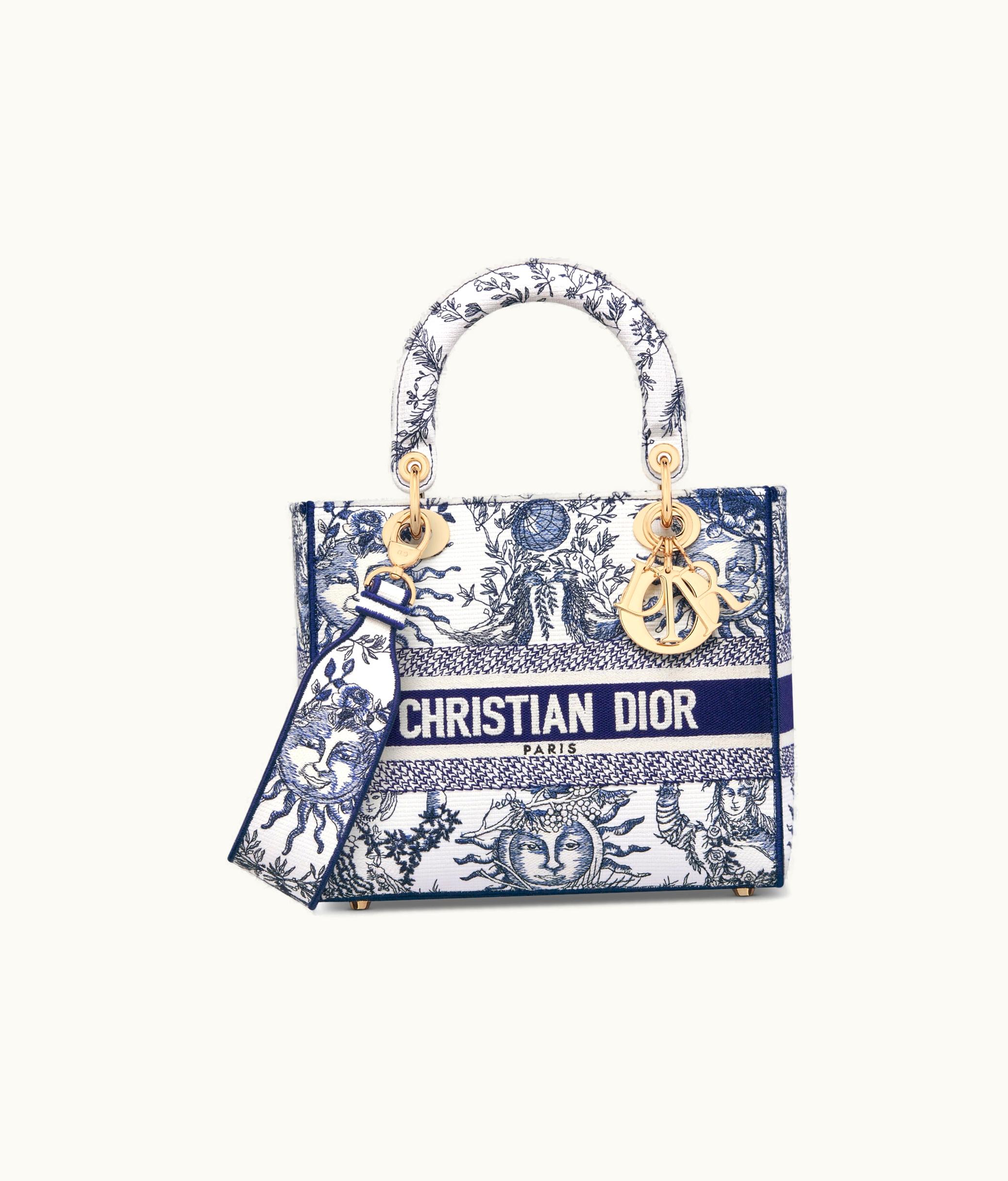 Dior Dior Medium Lady D-Lite Bag - White And Navy Blue Toile De Jouy Soleil Embroidery