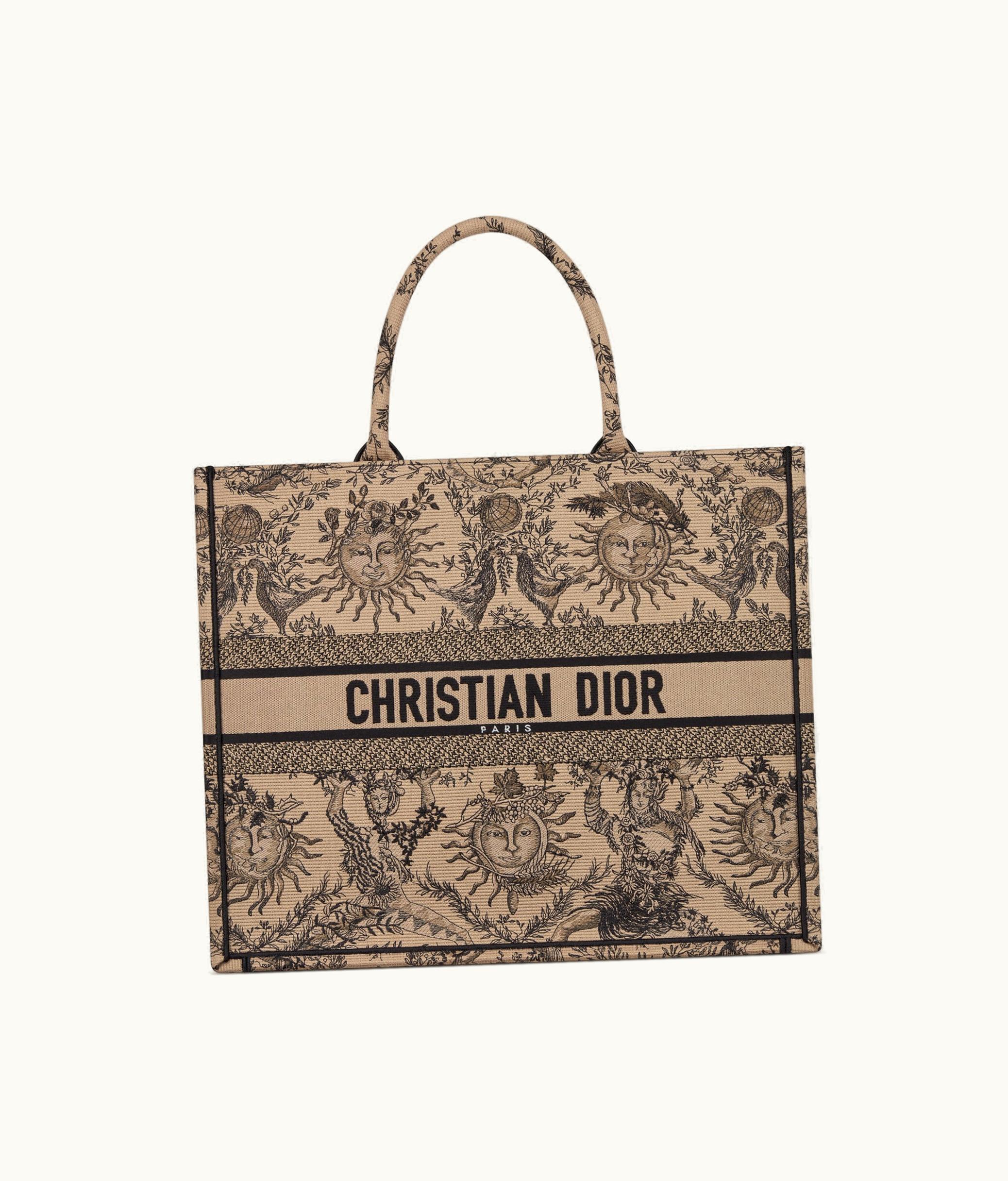 Dior Large Dior Book Tote - Beige And Black Toile De Jouy Soleil Embroidery (42 X 35 X 18.5 CM)