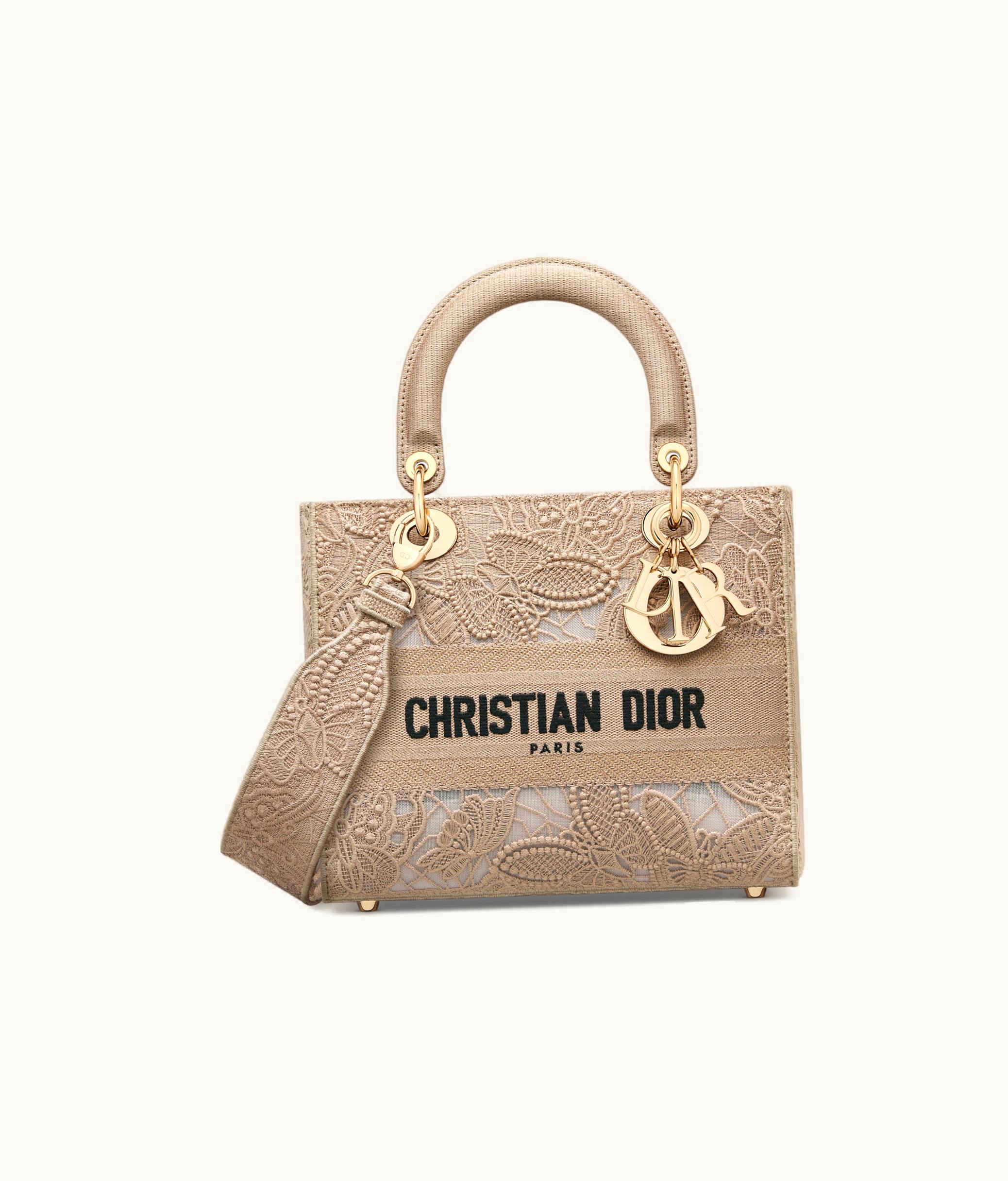 Dior Dior Medium Lady D-Lite Bag - Beige D-Lace Butterfly Embroidery With Macramé Effect