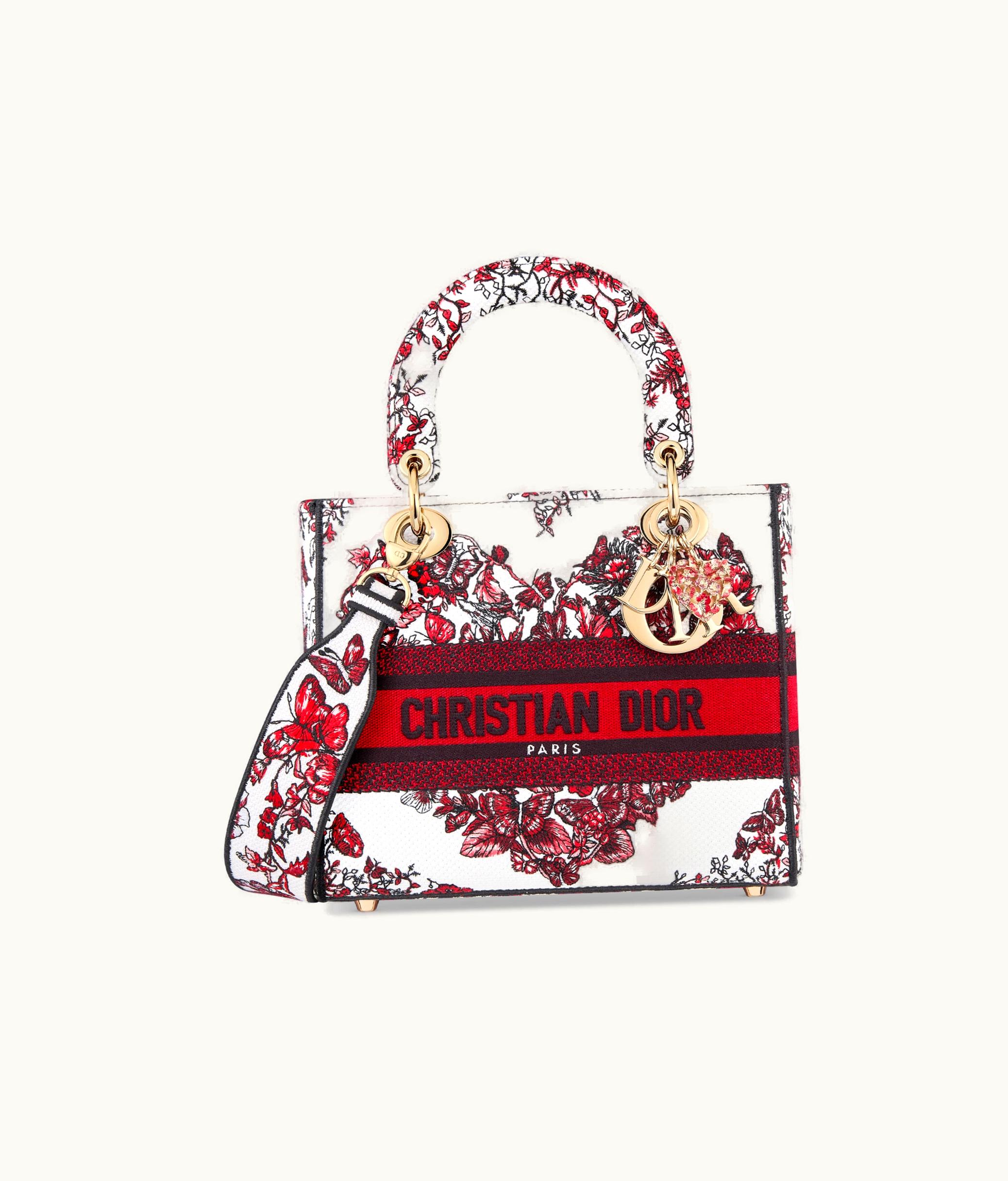 Dior Dior Medium Lady D-Lite Bag - White And Red Le Cœur Des Papillons Embroidery