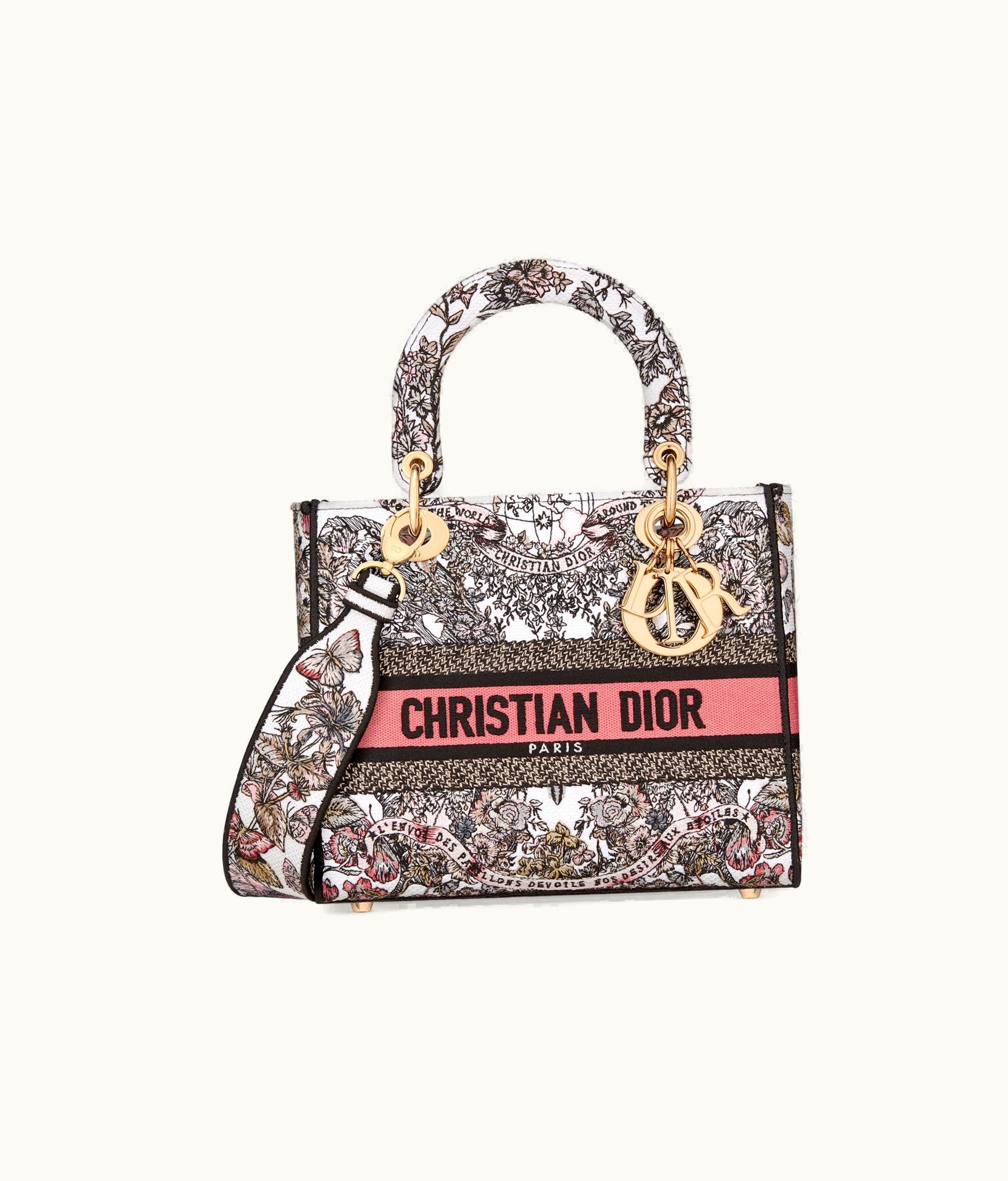 Dior Dior Medium Lady D-Lite Bag - White And Pastel Pink Butterfly Around The World Embroidery