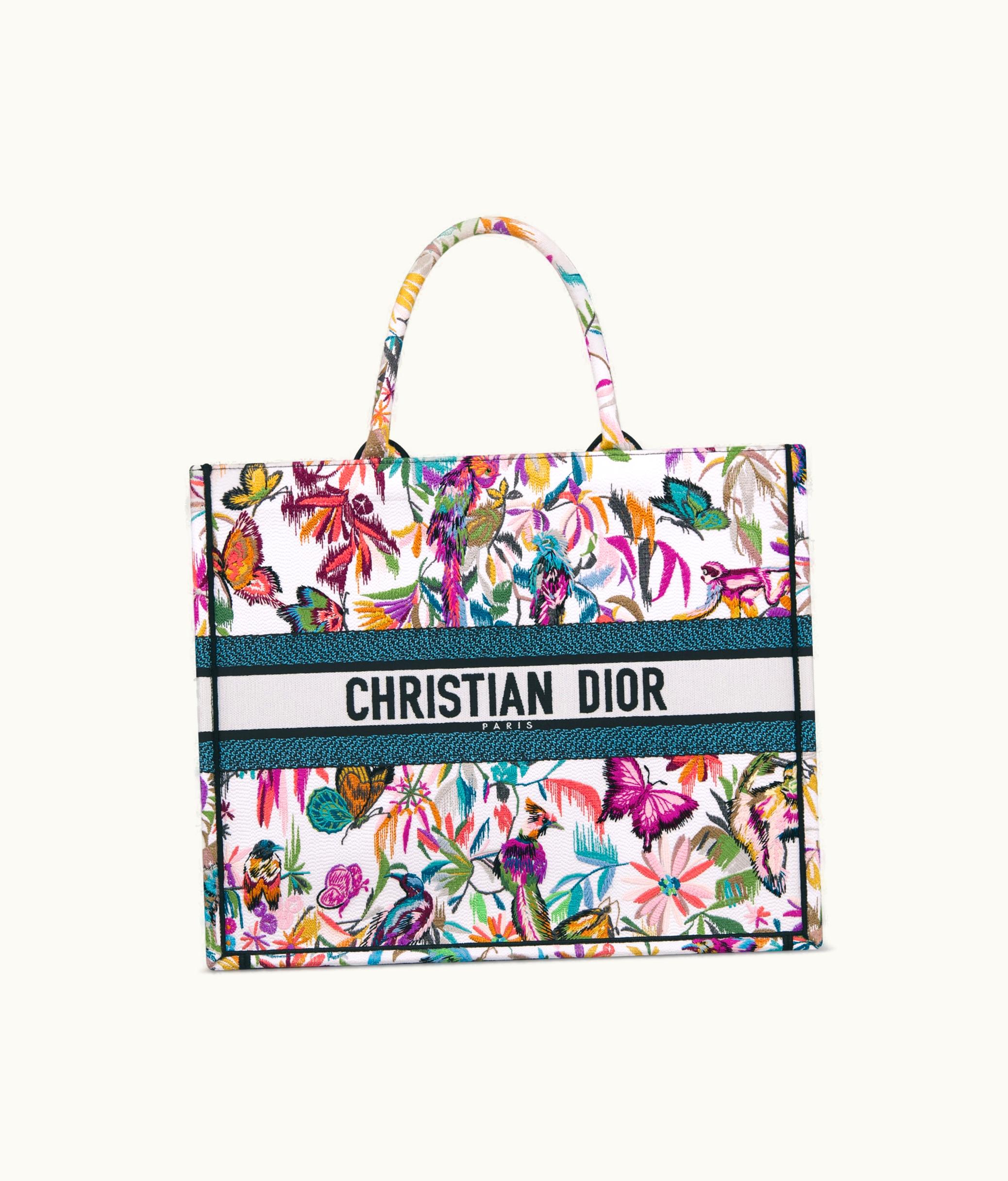 Dior Large Dior Book Tote - White Multicolor Toile De Jouy Fantastica Embroidery (42 X 35 X 18.5 CM)
