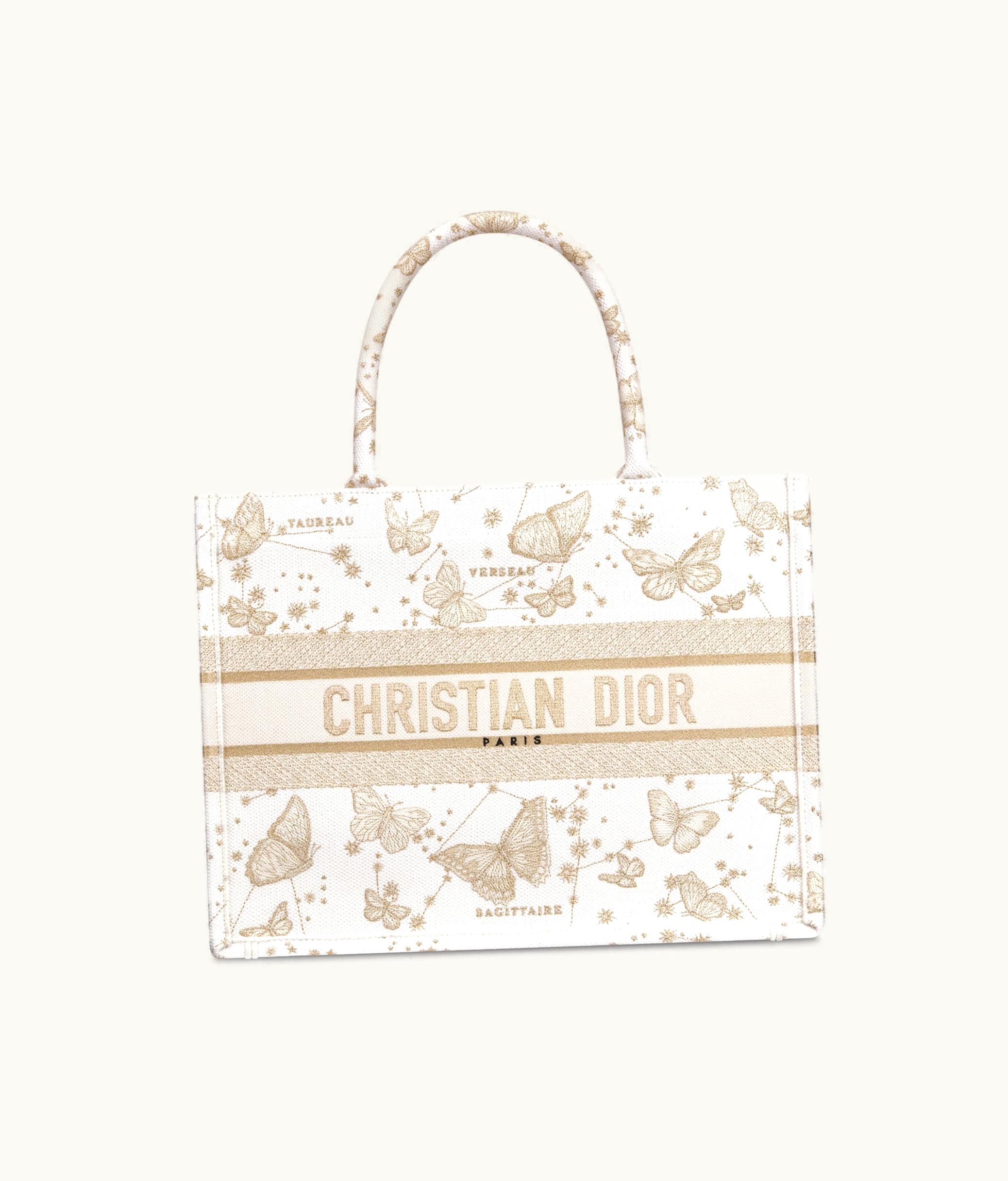Dior Medium Dior Book Tote - Gold-Tone And White Butterfly Zodiac Embroidery (36 X 27.5 X 16.5 CM)