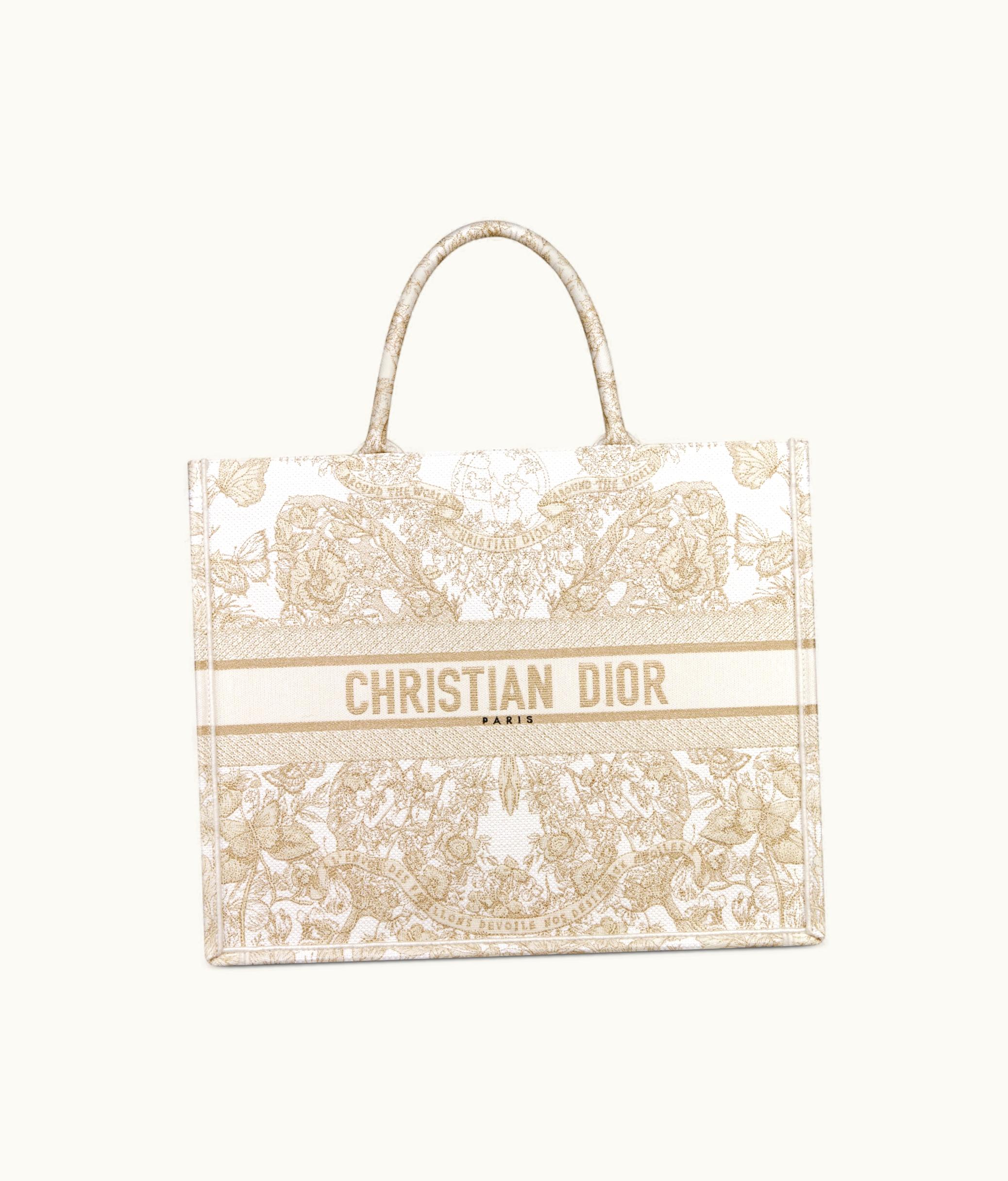 Dior Large Dior Book Tote - Gold-Tone And White Butterfly Around The World Embroidery (42 X 35 X 18.5 CM)