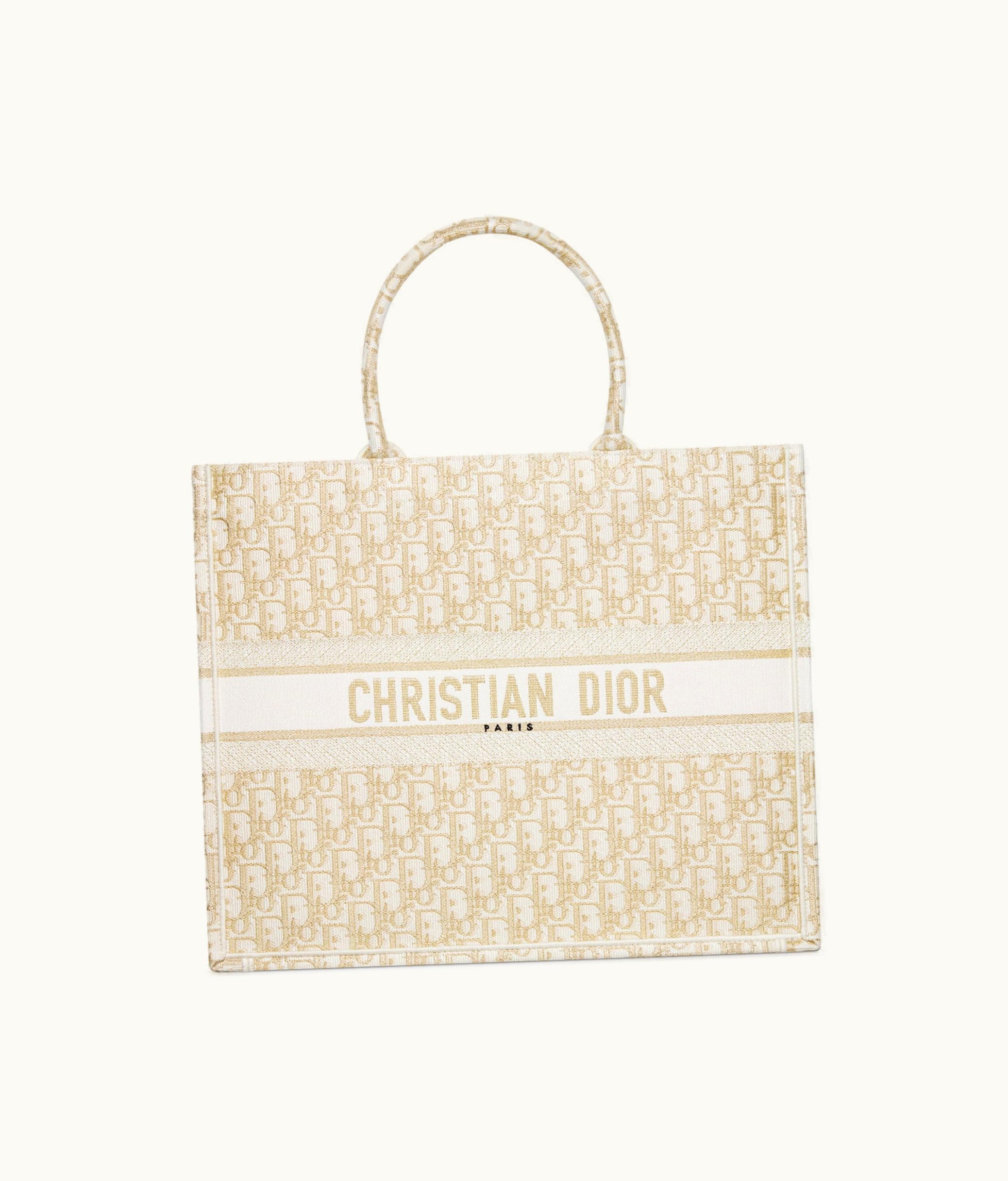 Dior Large Dior Book Tote - White And Gold-Tone Dior Oblique Embroidery (42 X 35 X 18.5 CM)