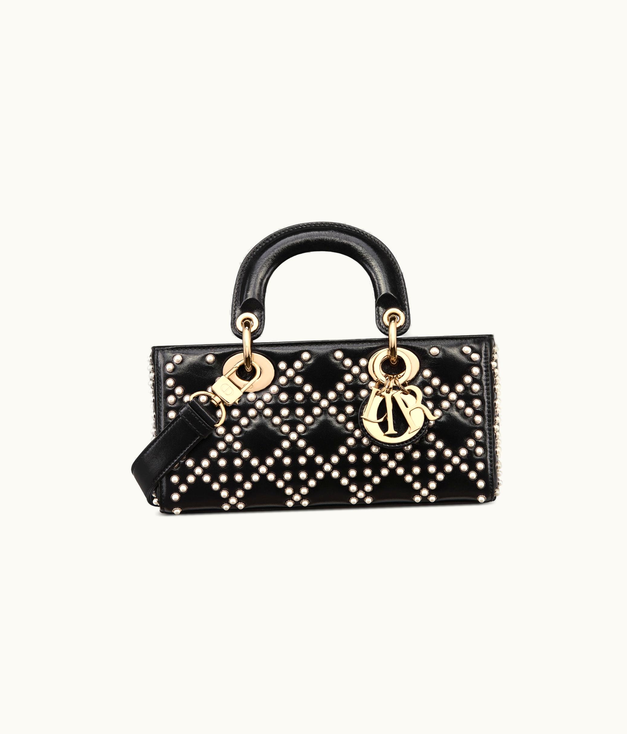 Dior Dior Small Lady D-Joy Bag - Black Crinkle-Effect Lambskin With White Resin Half-Pearl Cannage Motif