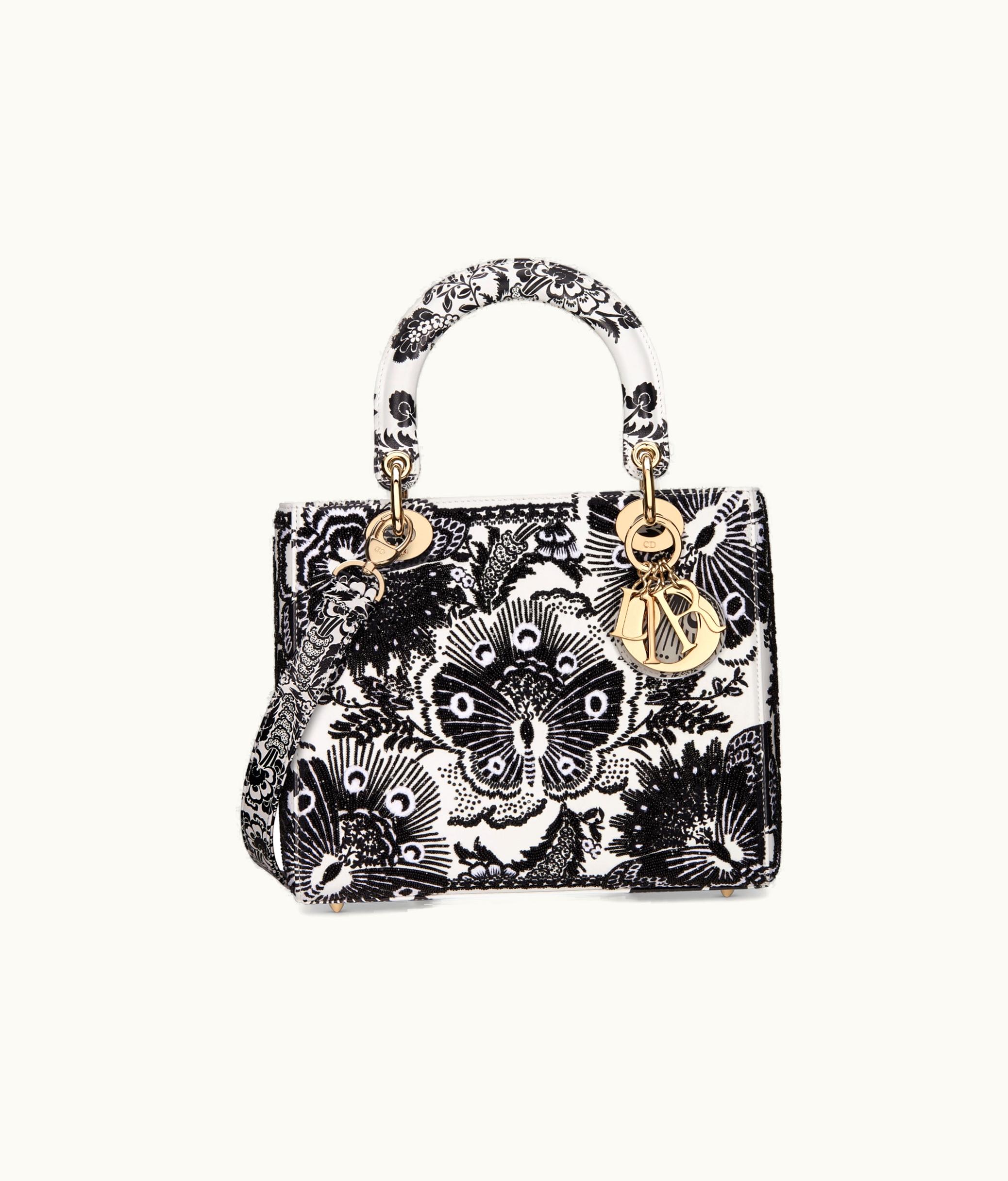 Dior Medium Lady Dior Bag - White And Black Calfskin With Butterfly Bandana Print And Embroidery