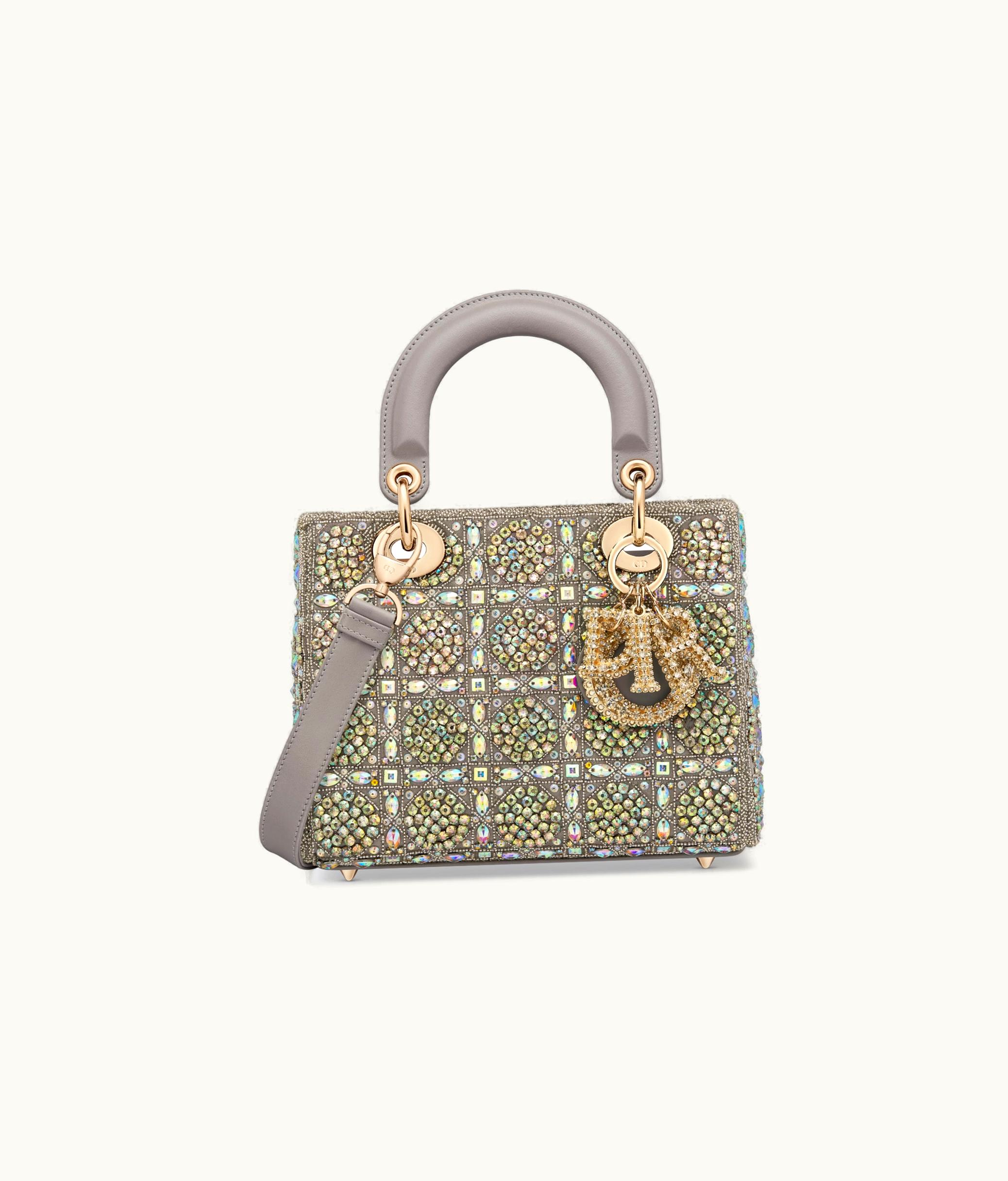 Dior Small Lady Dior Bag - Gray Smooth Calfskin And Satin With Bead Embroidery