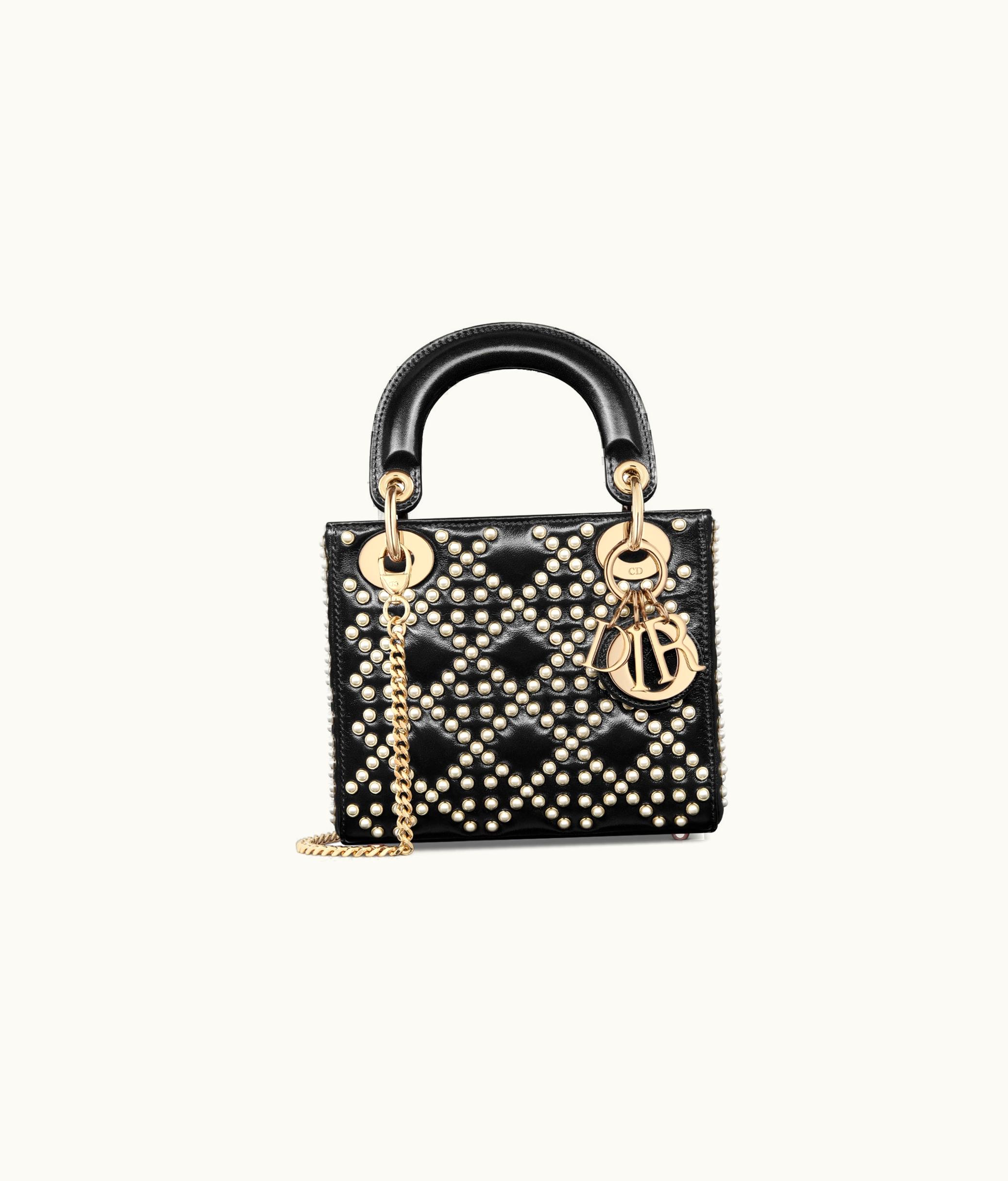 Dior Mini Lady Dior Bag - Black Crinkle-Effect Lambskin With White Resin Half-Pearl Cannage Motif