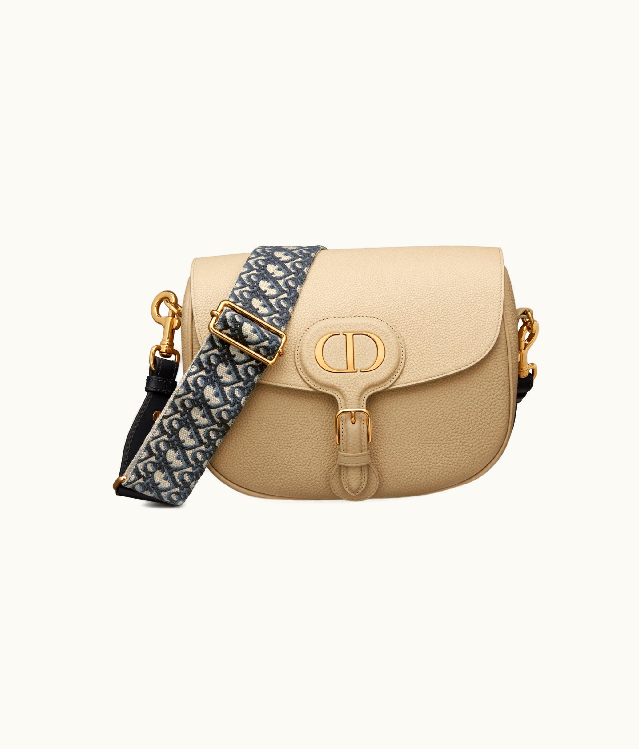 Dior Large Dior Bobby Bag - Beige Grained Calfskin With Blue Dior Oblique Embroidered Shoulder Strap