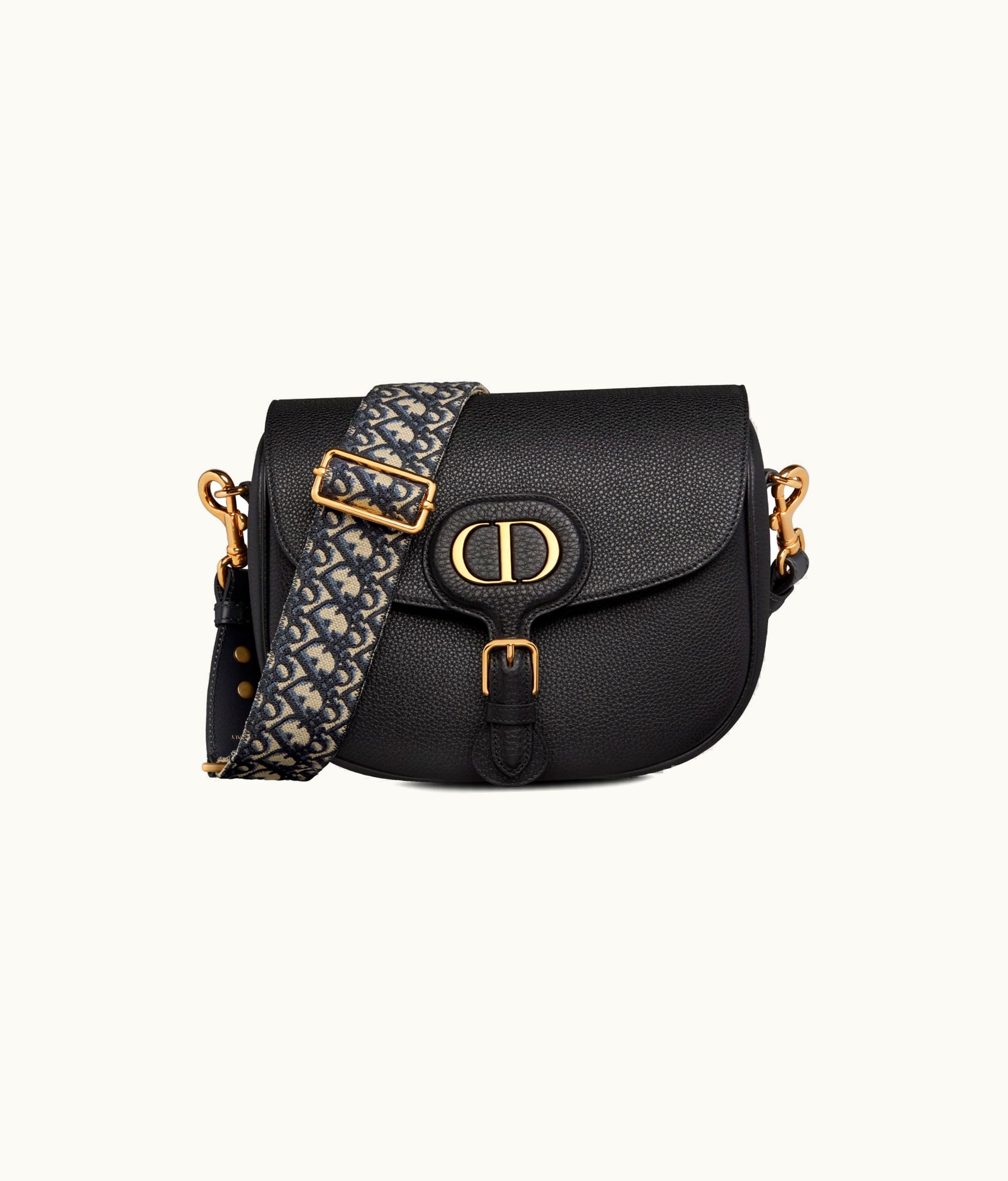 Dior Large Dior Bobby Bag - Black Grained Calfskin With Blue Dior Oblique Embroidered Shoulder Strap