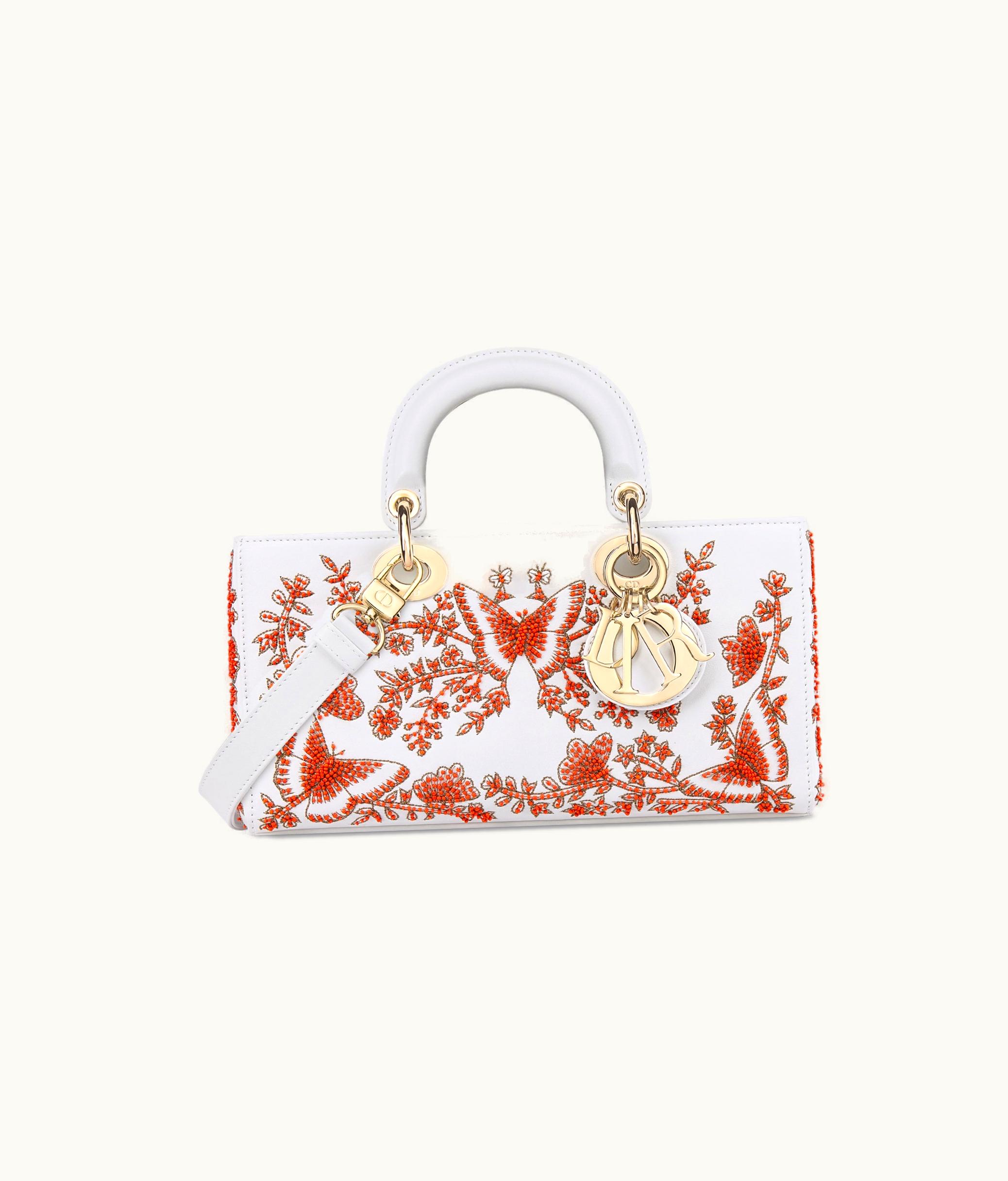 Dior Dior Medium Lady D-Joy Bag - White Calfskin With Red Ramage Butterfly Embroidery