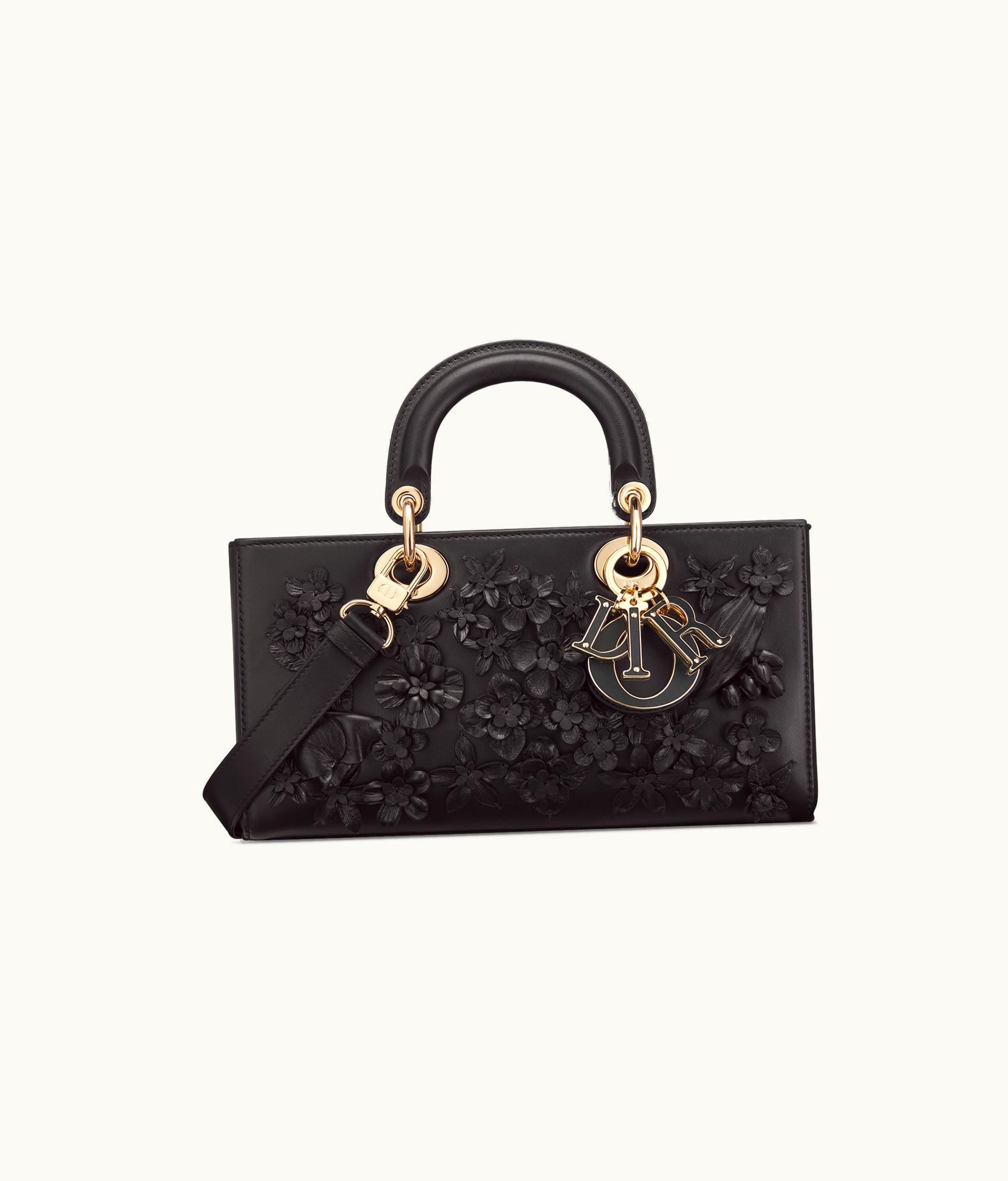 Dior Dior Medium Lady D-Joy Bag - Black Lambskin Embroidered With Three-Dimensional Flowers