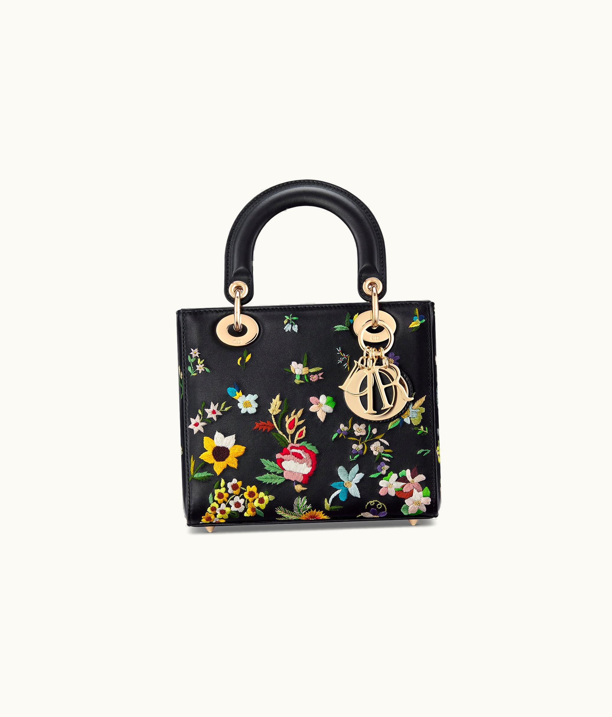 Dior Small Lady Dior Bag - Black Calfskin Embroidered With Multicolor Small Flowers