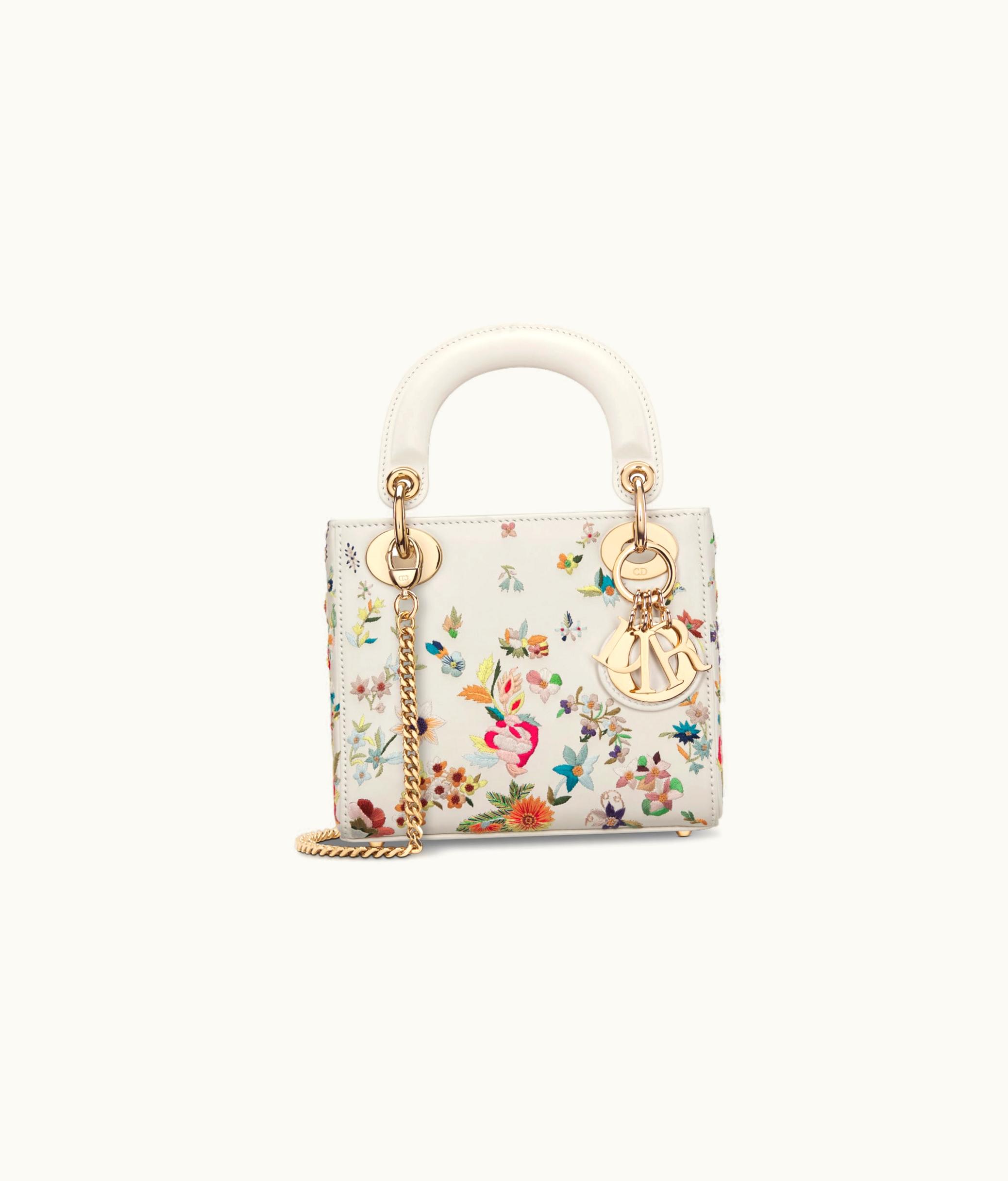 Dior Mini Lady Dior Bag - Latte Calfskin Embroidered With Multicolor Small Flowers