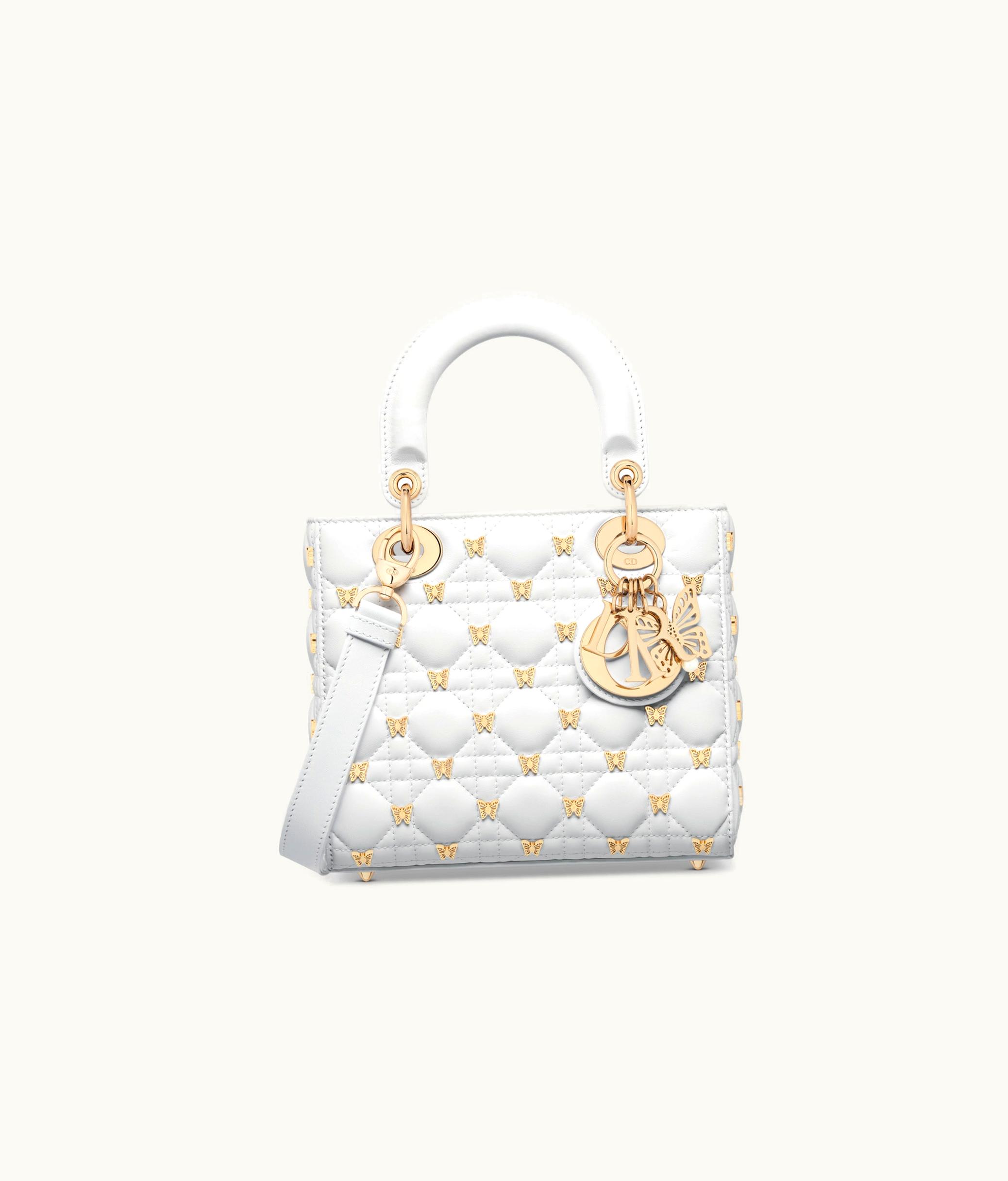 Dior Small Lady Dior Bag - White Cannage Lambskin With Gold-Finish Butterfly Studs