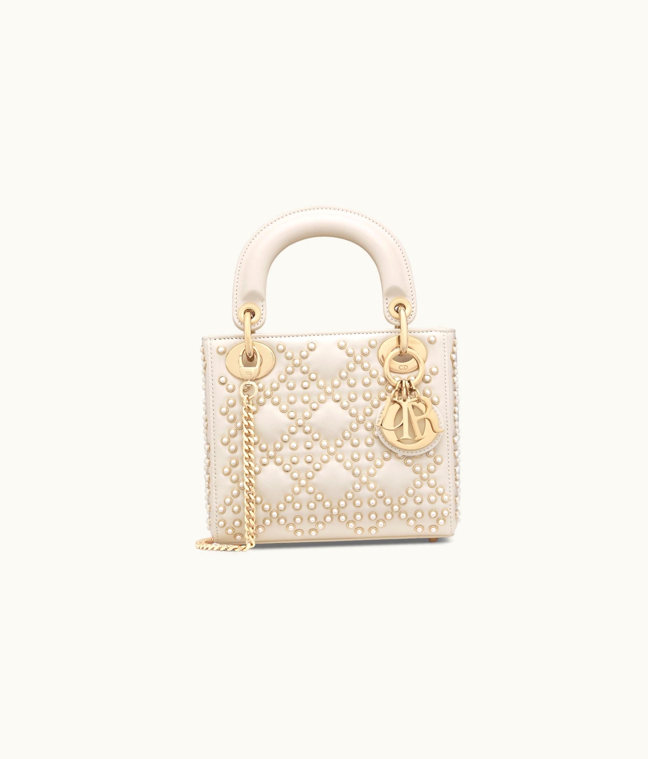 Dior Mini Lady Dior Bag - Latte Crinkle-Effect Lambskin With White Resin Half-Pearl Cannage Motif