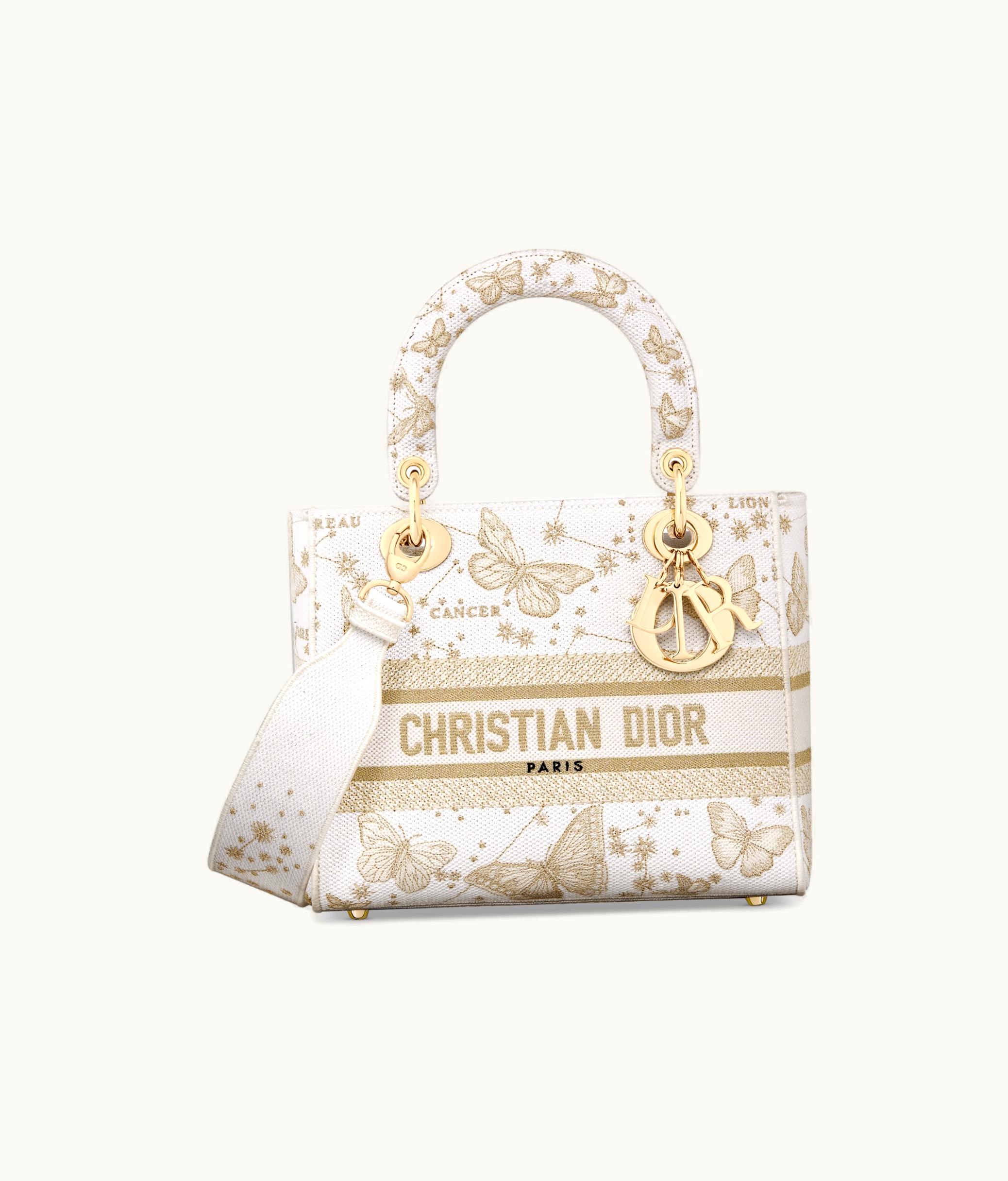 Dior Dior Medium Lady D-Lite Bag - Gold-Tone And White Butterfly Zodiac Embroidery