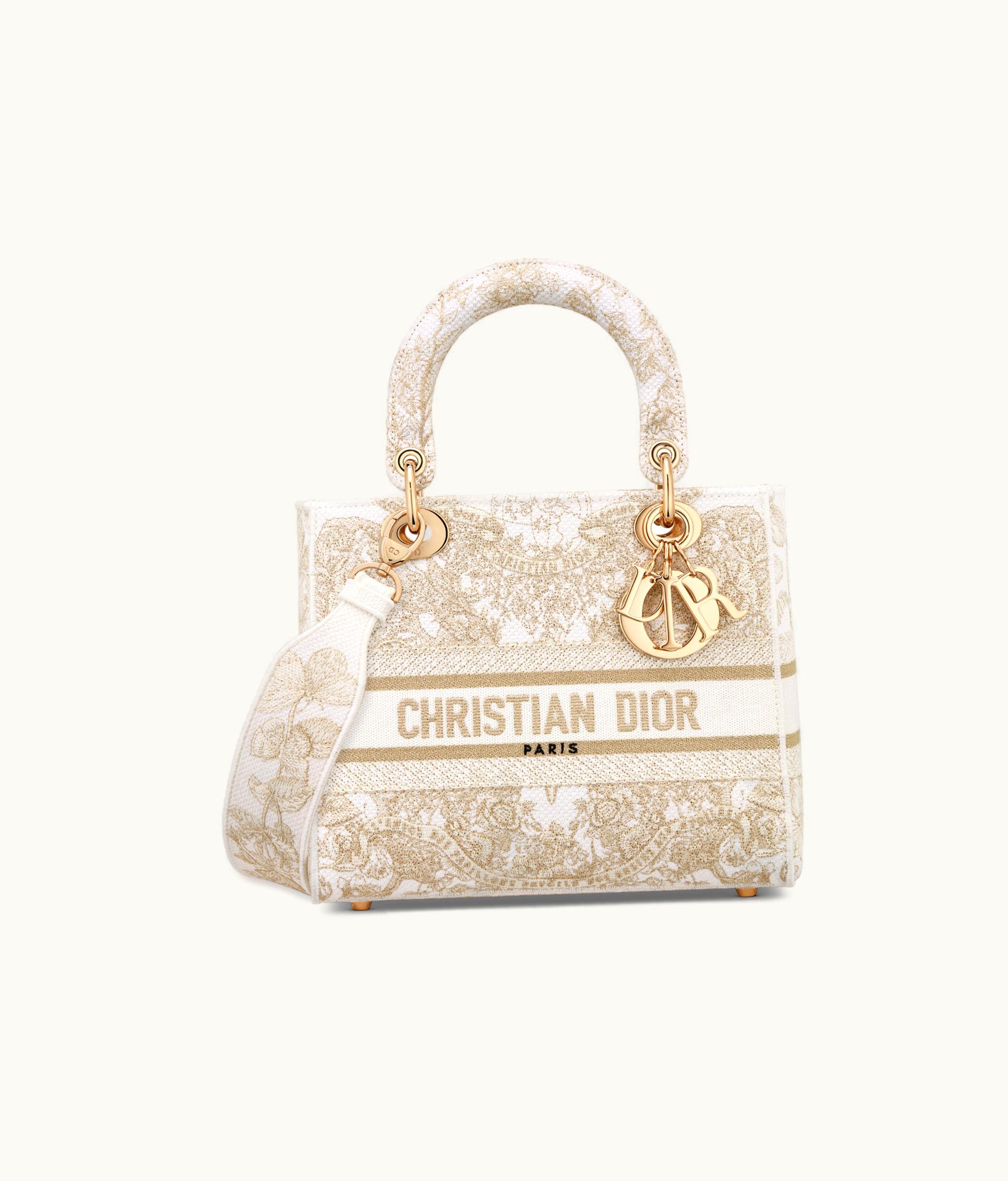Dior Dior Medium Lady D-Lite Bag - Gold-Tone And White Butterfly Around The World Embroidery