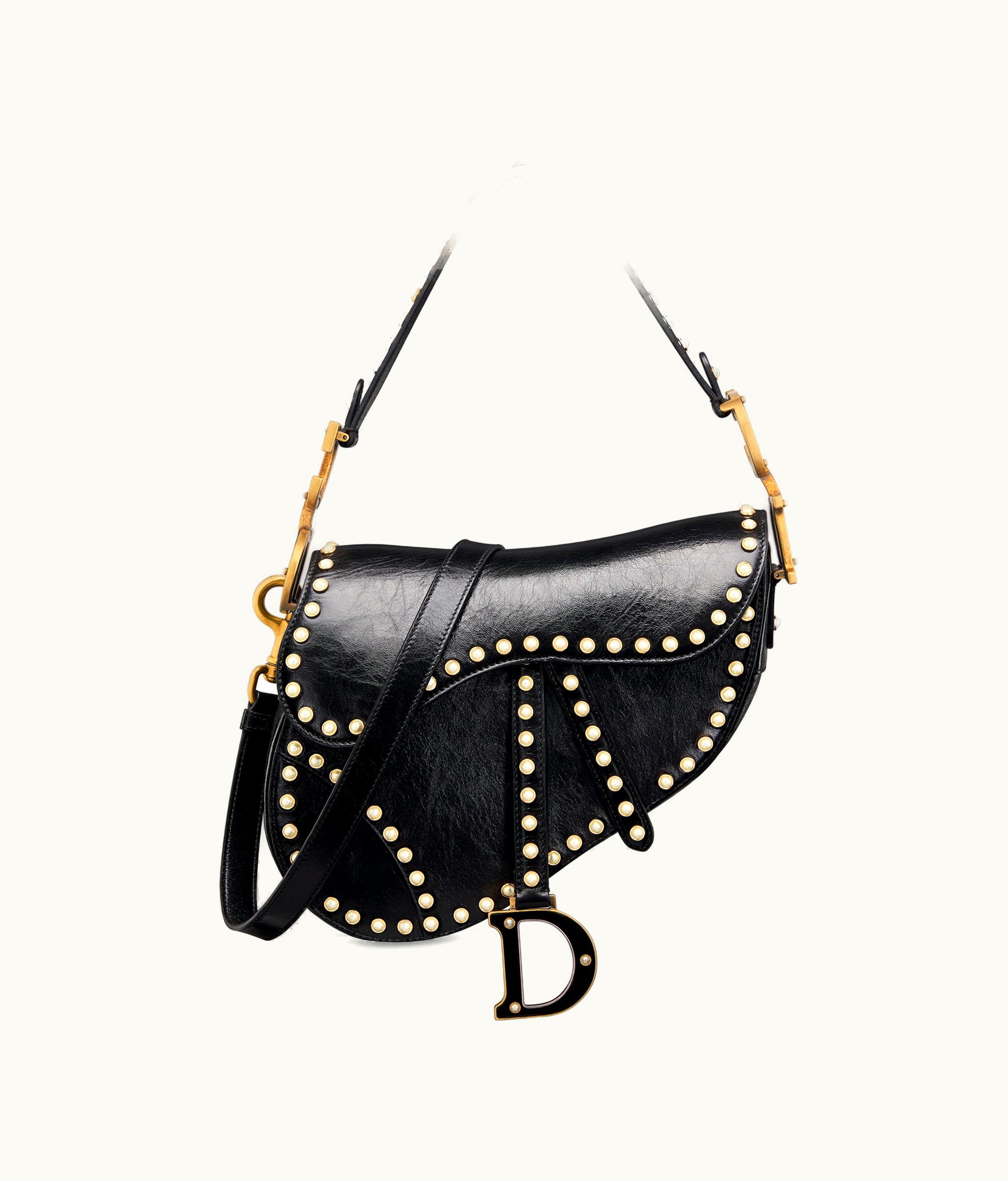 Dior Dior Saddle Bag With Strap - Black Crinkle-Effect Lambskin With White Resin Pearls