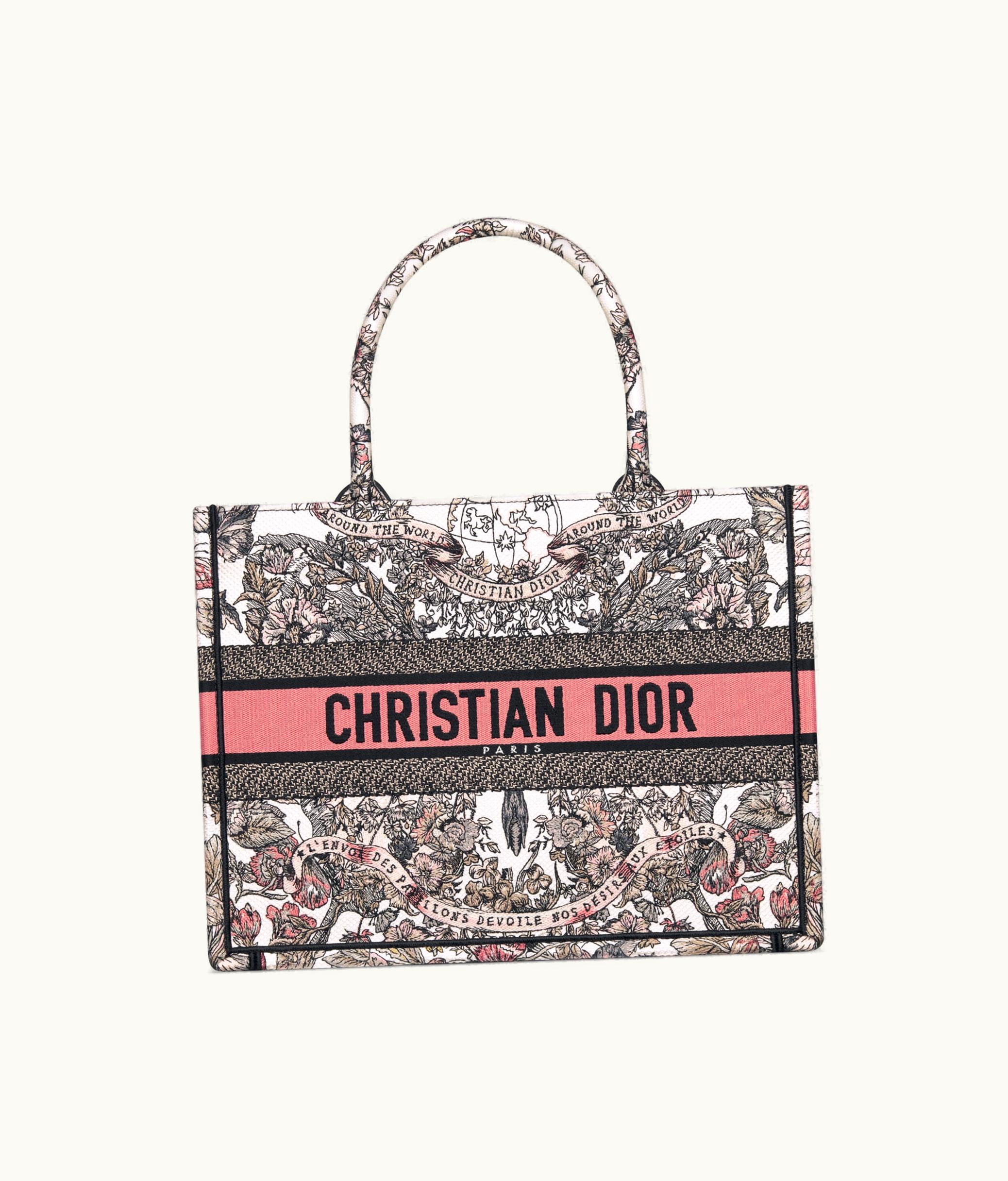 Dior Medium Dior Book Tote - White And Pastel Pink Butterfly Around The World Embroidery (36 X 27.5 X 16.5 CM)