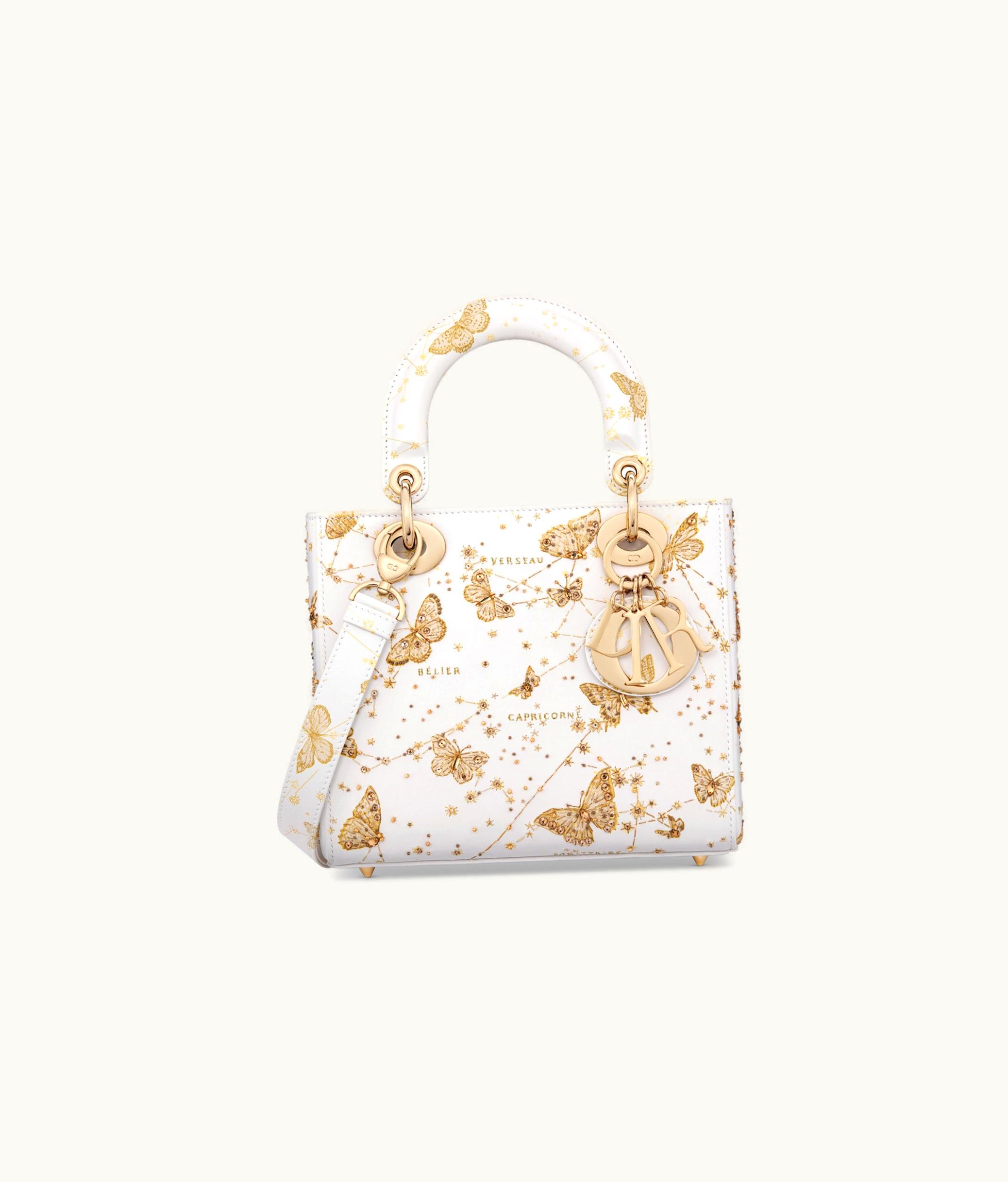 Dior Small Lady Dior Bag - White And Gold-Tone Calfskin With Butterfly Zodiac Print And Embroidery