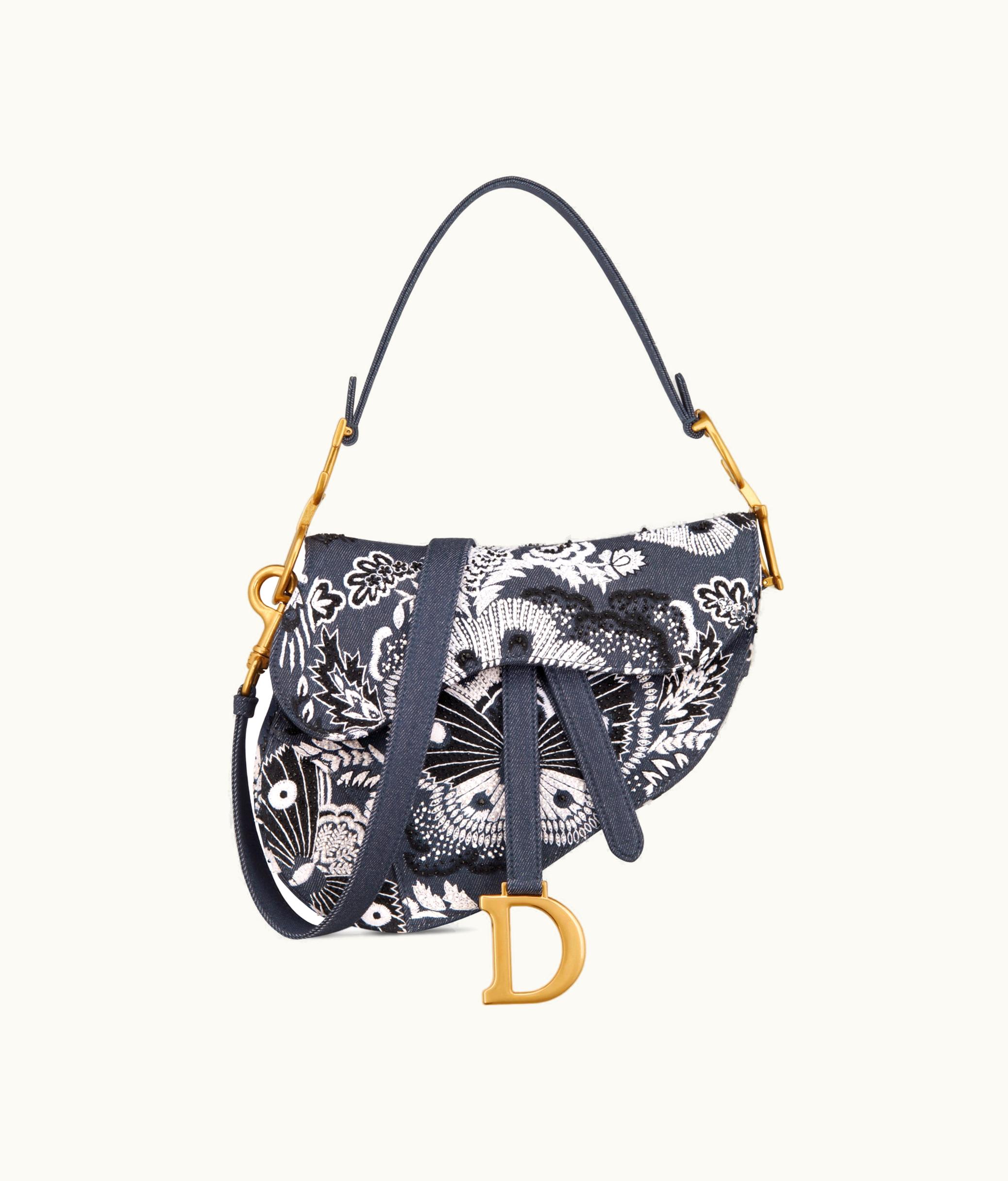 Dior Dior Saddle Bag With Strap - Denim Blue Multicolor Denim With Butterfly Bandana Motif Beadwork
