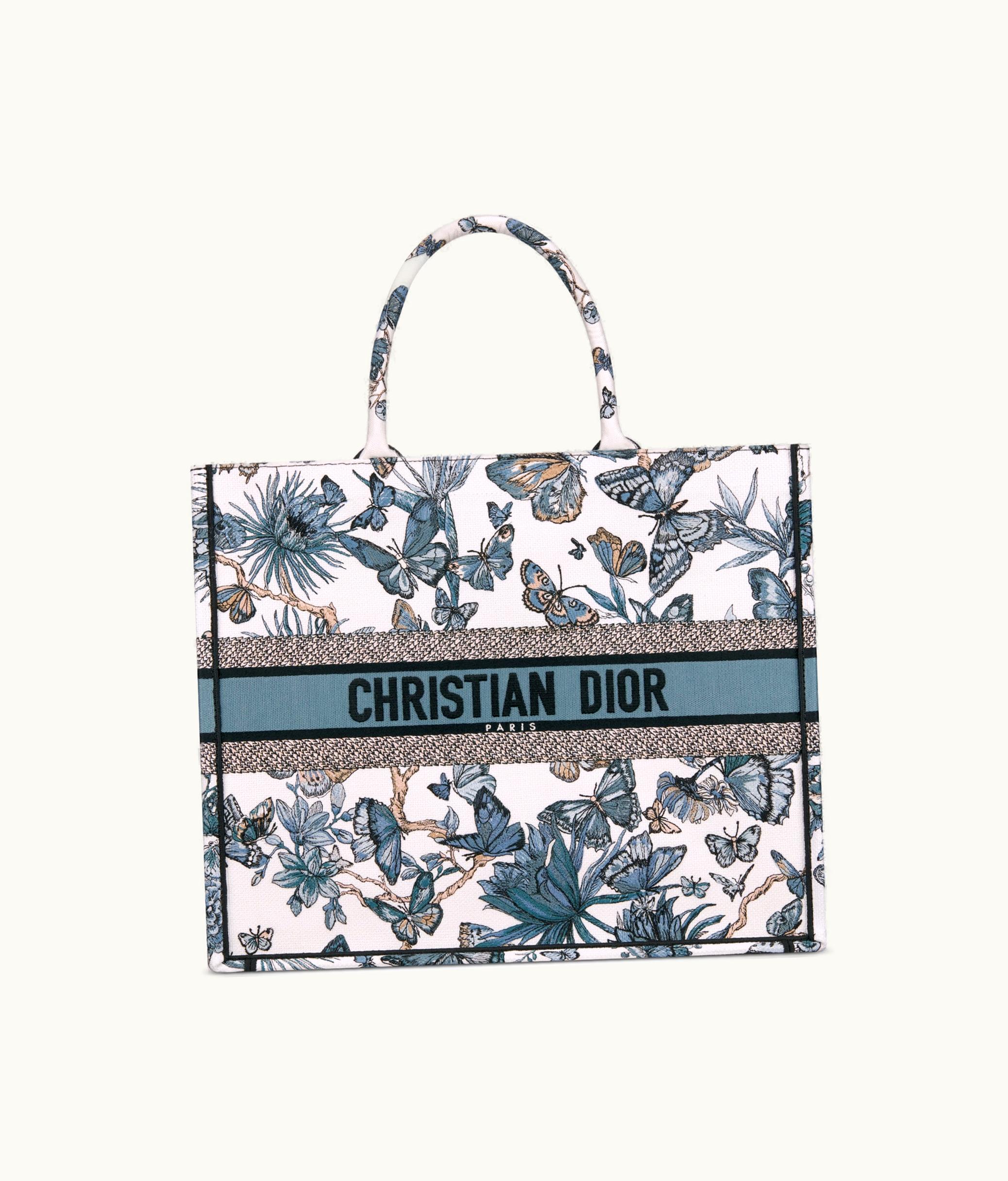 Dior Large Dior Book Tote - White And Pastel Midnight Blue Toile De Jouy Mexico Embroidery (42 X 35 X 18.5 CM)