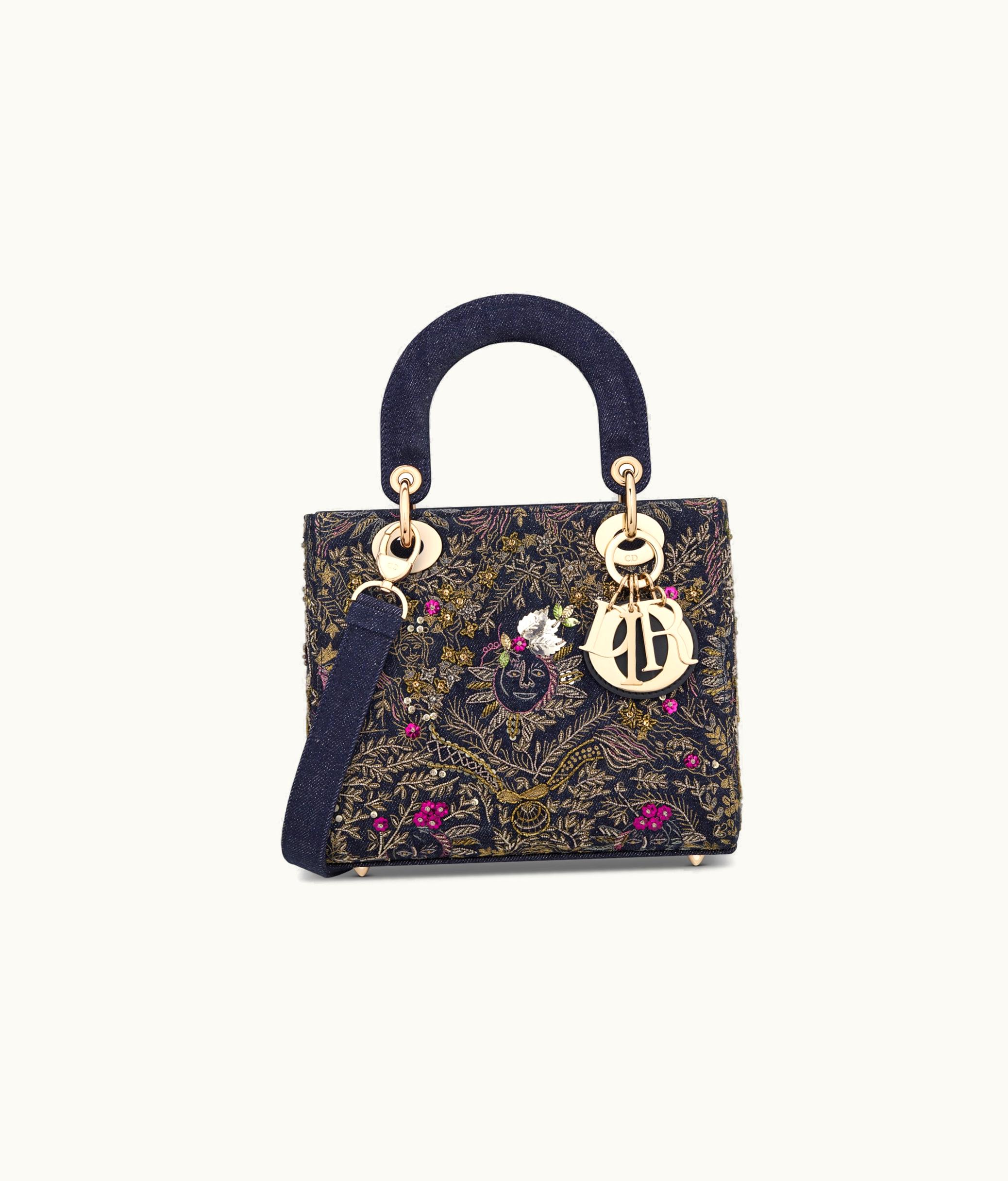 Dior Small Lady Dior Bag - Blue Multicolor Denim Embroidered With Toile De Jouy Soleil Motif