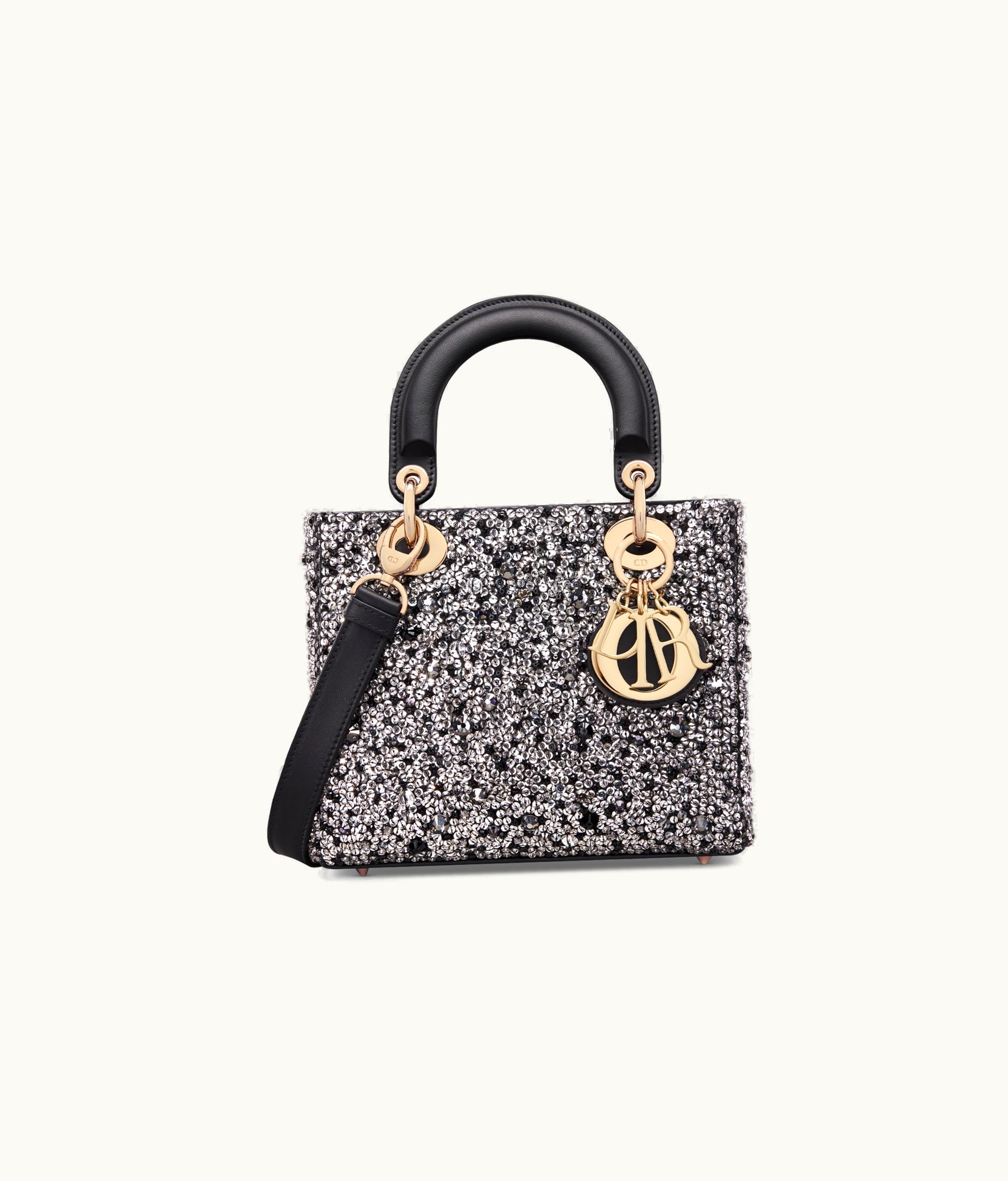 Dior Small Lady Dior Bag - Black Satin Embroidered With Silver-Tone Strass