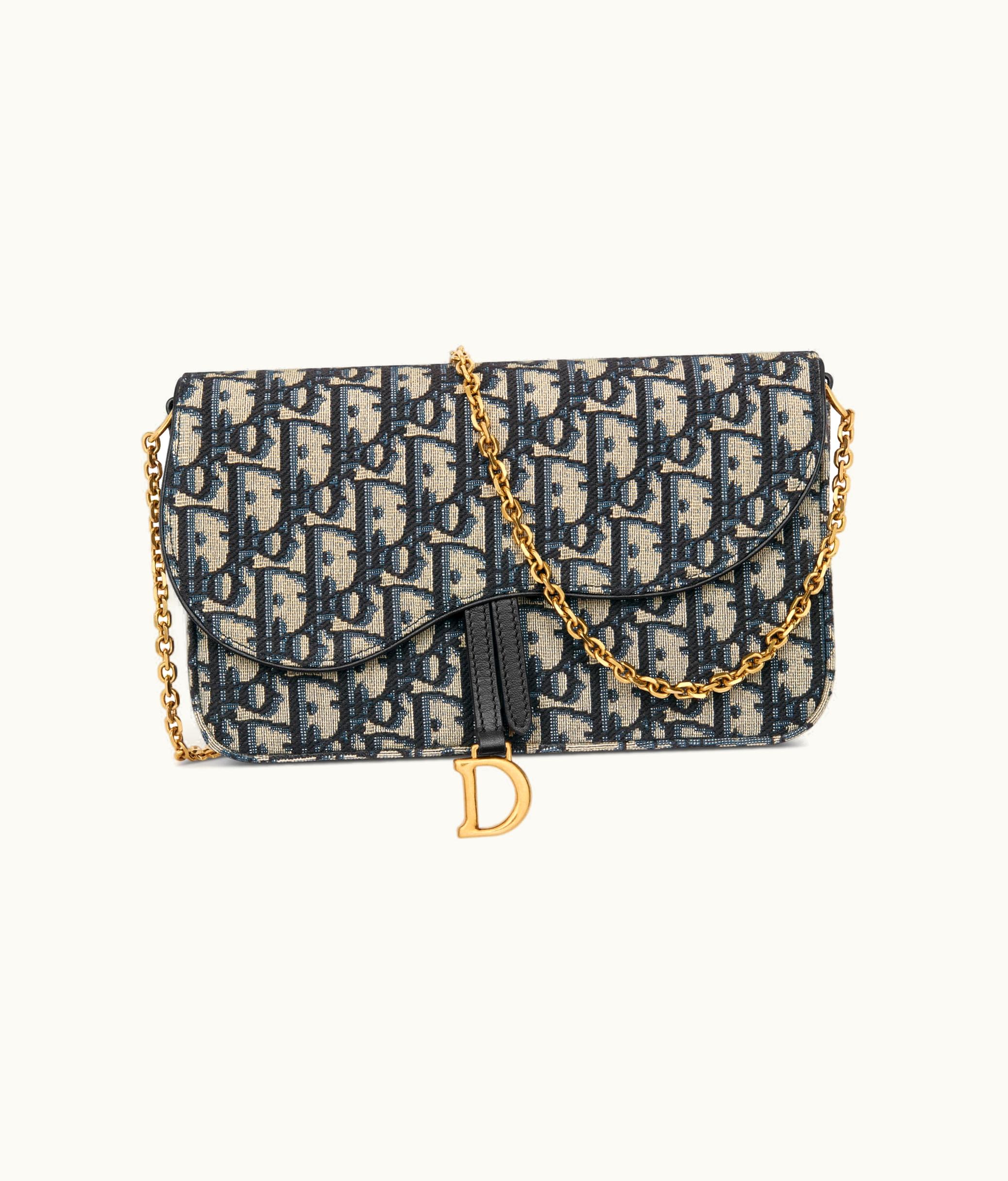 Dior Saddle Pouch With Chain - Blue Dior Oblique Jacquard